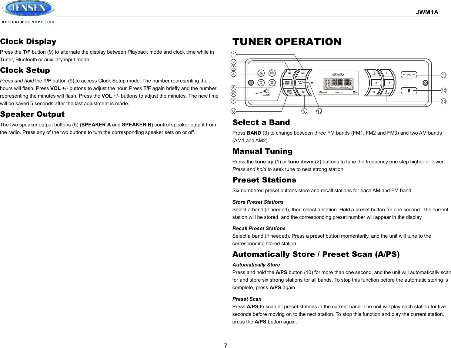  JWM1A  7 Clock Display Press the T/F button (9) to alternate the display between Playback mode and clock time while in Tuner, Bluetooth or auxiliary input mode. Clock Setup Press and hold the T/F button (9) to access Clock Setup mode. The number representing the hours will flash. Press VOL +/- buttons to adjust the hour. Press T/F again briefly and the number representing the minutes will flash. Press the VOL +/- buttons to adjust the minutes. The new time will be saved 5 seconds after the last adjustment is made. Speaker Output The two speaker output buttons (5) (SPEAKER A and SPEAKER B) control speaker output from the radio. Press any of the two buttons to turn the corresponding speaker sets on or off. TUNER OPERATION         Select a Band Press BAND (3) to change between three FM bands (FM1, FM2 and FM3) and two AM bands (AM1 and AM2). Manual Tuning Press the tune up (1) or tune down (2) buttons to tune the frequency one step higher or lower. Press and hold to seek tune to next strong station. Preset Stations Six numbered preset buttons store and recall stations for each AM and FM band. Store Preset Stations Select a band (if needed), then select a station. Hold a preset button for one second. The current station will be stored, and the corresponding preset number will appear in the display. Recall Preset Stations Select a band (if needed). Press a preset button momentarily, and the unit will tune to the corresponding stored station. Automatically Store / Preset Scan (A/PS) Automatically Store   Press and hold the A/PS button (10) for more than one second, and the unit will automatically scan for and store six strong stations for all bands. To stop this function before the automatic storing is complete, press A/PS again. Preset Scan Press A/PS to scan all preset stations in the current band. The unit will play each station for five seconds before moving on to the next station. To stop this function and play the current station, press the A/PS button again.   