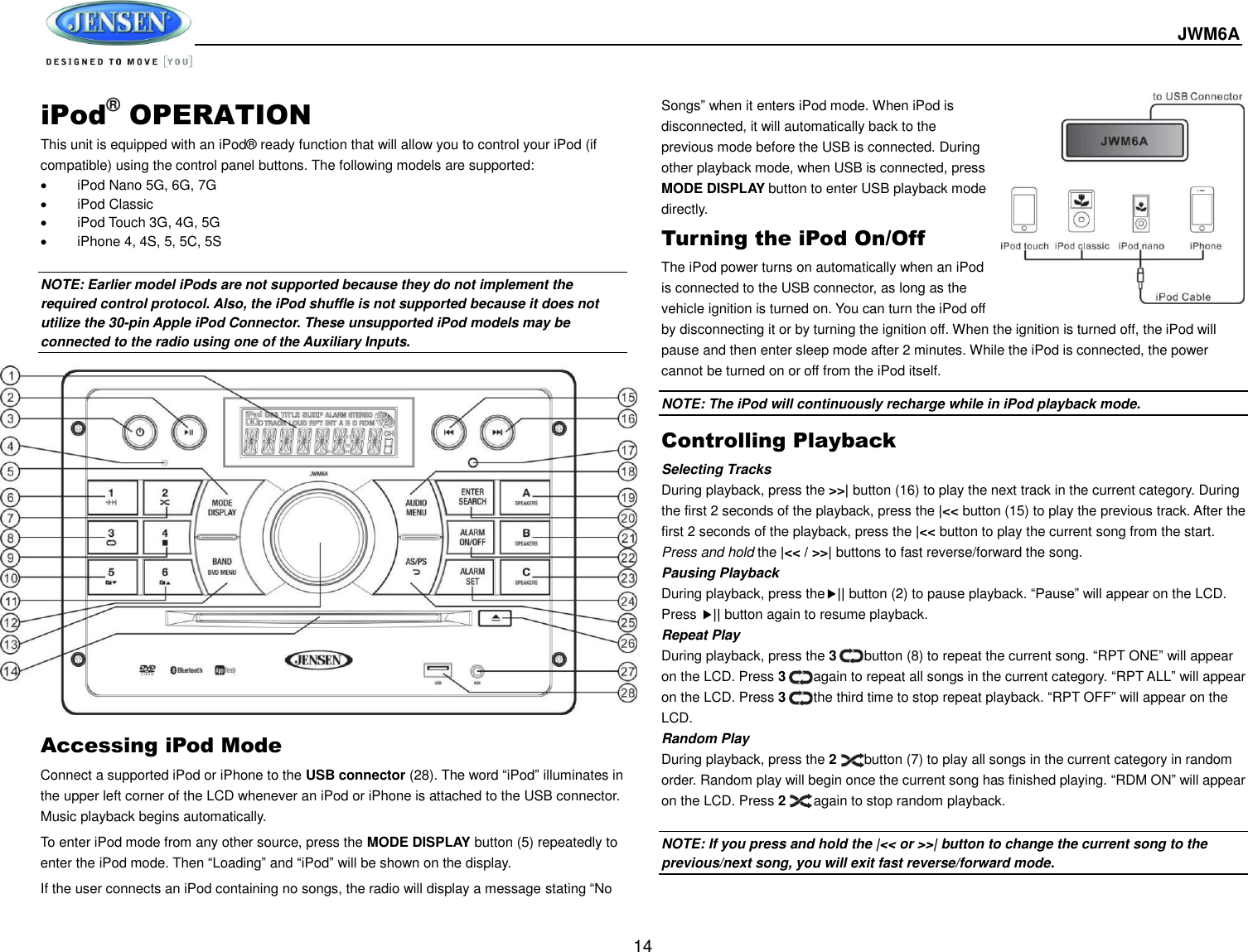  JWM6A  14 iPod® OPERATION This unit is equipped with an iPod® ready function that will allow you to control your iPod (if compatible) using the control panel buttons. The following models are supported:   iPod Nano 5G, 6G, 7G   iPod Classic   iPod Touch 3G, 4G, 5G  iPhone 4, 4S, 5, 5C, 5S  NOTE: Earlier model iPods are not supported because they do not implement the required control protocol. Also, the iPod shuffle is not supported because it does not utilize the 30-pin Apple iPod Connector. These unsupported iPod models may be connected to the radio using one of the Auxiliary Inputs.                   Accessing iPod Mode Connect a supported iPod or iPhone to the USB connector (28). The word “iPod” illuminates in the upper left corner of the LCD whenever an iPod or iPhone is attached to the USB connector. Music playback begins automatically. To enter iPod mode from any other source, press the MODE DISPLAY button (5) repeatedly to enter the iPod mode. Then “Loading” and “iPod” will be shown on the display.   If the user connects an iPod containing no songs, the radio will display a message stating “No Songs” when it enters iPod mode. When iPod is disconnected, it will automatically back to the previous mode before the USB is connected. During other playback mode, when USB is connected, press MODE DISPLAY button to enter USB playback mode directly. Turning the iPod On/Off The iPod power turns on automatically when an iPod is connected to the USB connector, as long as the vehicle ignition is turned on. You can turn the iPod off by disconnecting it or by turning the ignition off. When the ignition is turned off, the iPod will pause and then enter sleep mode after 2 minutes. While the iPod is connected, the power cannot be turned on or off from the iPod itself. NOTE: The iPod will continuously recharge while in iPod playback mode. Controlling Playback Selecting Tracks During playback, press the &gt;&gt;| button (16) to play the next track in the current category. During the first 2 seconds of the playback, press the |&lt;&lt; button (15) to play the previous track. After the first 2 seconds of the playback, press the |&lt;&lt; button to play the current song from the start. Press and hold the |&lt;&lt; / &gt;&gt;| buttons to fast reverse/forward the song. Pausing Playback During playback, press the|| button (2) to pause playback. “Pause” will appear on the LCD. Press || button again to resume playback. Repeat Play During playback, press the 3     button (8) to repeat the current song. “RPT ONE” will appear on the LCD. Press 3      again to repeat all songs in the current category. “RPT ALL” will appear on the LCD. Press 3     the third time to stop repeat playback. “RPT OFF” will appear on the LCD. Random Play During playback, press the 2     button (7) to play all songs in the current category in random order. Random play will begin once the current song has finished playing. “RDM ON” will appear on the LCD. Press 2      again to stop random playback.    NOTE: If you press and hold the |&lt;&lt; or &gt;&gt;| button to change the current song to the previous/next song, you will exit fast reverse/forward mode. 