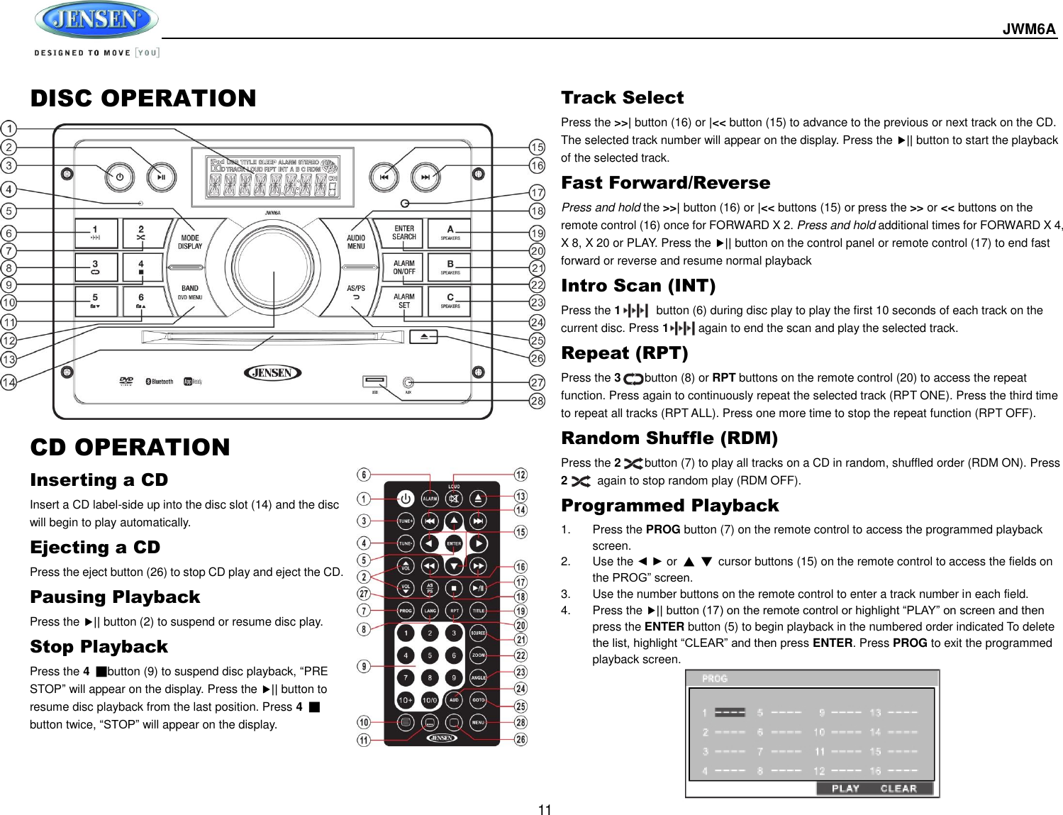  JWM6A  11 DISC OPERATION                  CD OPERATION Inserting a CD Insert a CD label-side up into the disc slot (14) and the disc will begin to play automatically. Ejecting a CD Press the eject button (26) to stop CD play and eject the CD. Pausing Playback Press the || button (2) to suspend or resume disc play. Stop Playback Press the 4 ■button (9) to suspend disc playback, “PRE STOP” will appear on the display. Press the || button to resume disc playback from the last position. Press 4 ■ button twice, “STOP” will appear on the display. Track Select Press the &gt;&gt;| button (16) or |&lt;&lt; button (15) to advance to the previous or next track on the CD. The selected track number will appear on the display. Press the || button to start the playback of the selected track.   Fast Forward/Reverse Press and hold the &gt;&gt;| button (16) or |&lt;&lt; buttons (15) or press the &gt;&gt; or &lt;&lt; buttons on the remote control (16) once for FORWARD X 2. Press and hold additional times for FORWARD X 4, X 8, X 20 or PLAY. Press the || button on the control panel or remote control (17) to end fast forward or reverse and resume normal playback Intro Scan (INT) Press the 1            button (6) during disc play to play the first 10 seconds of each track on the current disc. Press 1          again to end the scan and play the selected track. Repeat (RPT) Press the 3        button (8) or RPT buttons on the remote control (20) to access the repeat function. Press again to continuously repeat the selected track (RPT ONE). Press the third time to repeat all tracks (RPT ALL). Press one more time to stop the repeat function (RPT OFF). Random Shuffle (RDM) Press the 2        button (7) to play all tracks on a CD in random, shuffled order (RDM ON). Press 2       again to stop random play (RDM OFF). Programmed Playback 1.  Press the PROG button (7) on the remote control to access the programmed playback screen. 2.  Use the ◄ ► or ▲ ▼  cursor buttons (15) on the remote control to access the fields on the PROG” screen. 3.  Use the number buttons on the remote control to enter a track number in each field. 4.  Press the || button (17) on the remote control or highlight “PLAY” on screen and then press the ENTER button (5) to begin playback in the numbered order indicated To delete the list, highlight “CLEAR” and then press ENTER. Press PROG to exit the programmed playback screen.       