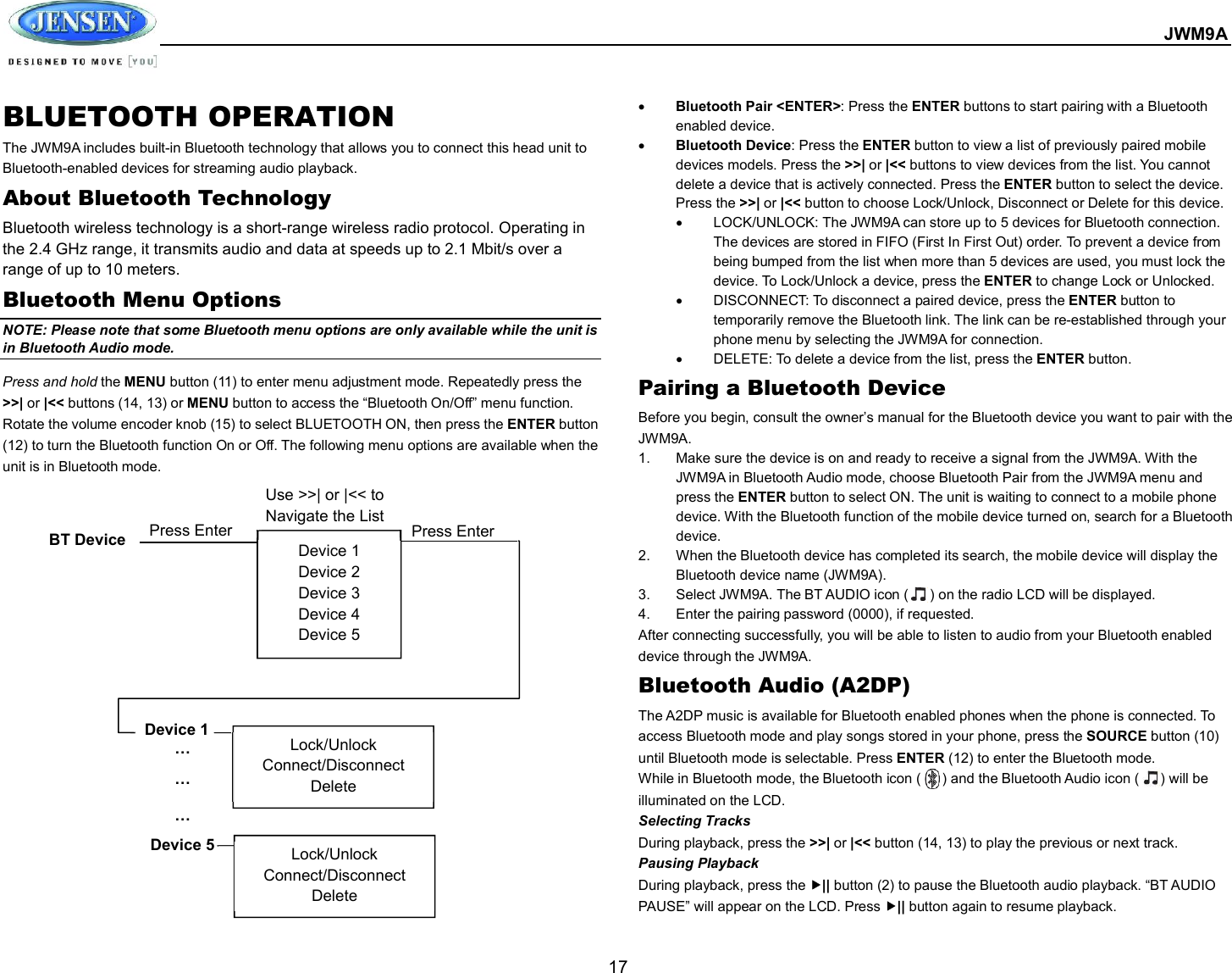  JWM9A  17 BLUETOOTH OPERATION The JWM9A includes built-in Bluetooth technology that allows you to connect this head unit to Bluetooth-enabled devices for streaming audio playback. About Bluetooth Technology Bluetooth wireless technology is a short-range wireless radio protocol. Operating in the 2.4 GHz range, it transmits audio and data at speeds up to 2.1 Mbit/s over a range of up to 10 meters. Bluetooth Menu Options NOTE: Please note that some Bluetooth menu options are only available while the unit is in Bluetooth Audio mode. Press and hold the MENU button (11) to enter menu adjustment mode. Repeatedly press the &gt;&gt;| or |&lt;&lt; buttons (14, 13) or MENU button to access the “Bluetooth On/Off” menu function. Rotate the volume encoder knob (15) to select BLUETOOTH ON, then press the ENTER button (12) to turn the Bluetooth function On or Off. The following menu options are available when the unit is in Bluetooth mode.  Bluetooth Pair &lt;ENTER&gt;: Press the ENTER buttons to start pairing with a Bluetooth enabled device.    Bluetooth Device: Press the ENTER button to view a list of previously paired mobile devices models. Press the &gt;&gt;| or |&lt;&lt; buttons to view devices from the list. You cannot delete a device that is actively connected. Press the ENTER button to select the device. Press the &gt;&gt;| or |&lt;&lt; button to choose Lock/Unlock, Disconnect or Delete for this device.   LOCK/UNLOCK: The JWM9A can store up to 5 devices for Bluetooth connection. The devices are stored in FIFO (First In First Out) order. To prevent a device from being bumped from the list when more than 5 devices are used, you must lock the device. To Lock/Unlock a device, press the ENTER to change Lock or Unlocked.   DISCONNECT: To disconnect a paired device, press the ENTER button to temporarily remove the Bluetooth link. The link can be re-established through your phone menu by selecting the JWM9A for connection.   DELETE: To delete a device from the list, press the ENTER button. Pairing a Bluetooth Device Before you begin, consult the owner’s manual for the Bluetooth device you want to pair with the JWM9A. 1.  Make sure the device is on and ready to receive a signal from the JWM9A. With the JWM9A in Bluetooth Audio mode, choose Bluetooth Pair from the JWM9A menu and press the ENTER button to select ON. The unit is waiting to connect to a mobile phone device. With the Bluetooth function of the mobile device turned on, search for a Bluetooth device. 2.  When the Bluetooth device has completed its search, the mobile device will display the Bluetooth device name (JWM9A).   3.  Select JWM9A. The BT AUDIO icon (      ) on the radio LCD will be displayed. 4.  Enter the pairing password (0000), if requested. After connecting successfully, you will be able to listen to audio from your Bluetooth enabled device through the JWM9A. Bluetooth Audio (A2DP) The A2DP music is available for Bluetooth enabled phones when the phone is connected. To access Bluetooth mode and play songs stored in your phone, press the SOURCE button (10) until Bluetooth mode is selectable. Press ENTER (12) to enter the Bluetooth mode. While in Bluetooth mode, the Bluetooth icon (      ) and the Bluetooth Audio icon (      ) will be illuminated on the LCD. Selecting Tracks During playback, press the &gt;&gt;| or |&lt;&lt; button (14, 13) to play the previous or next track. Pausing Playback During playback, press the || button (2) to pause the Bluetooth audio playback. “BT AUDIO PAUSE” will appear on the LCD. Press || button again to resume playback.   Device 1 Device 2 Device 3 Device 4 Device 5 BT Device  Press Enter Device 1 … … … Device 5 Lock/Unlock Connect/Disconnect Delete Lock/Unlock Connect/Disconnect Delete Press Enter Use &gt;&gt;| or |&lt;&lt; to Navigate the List 