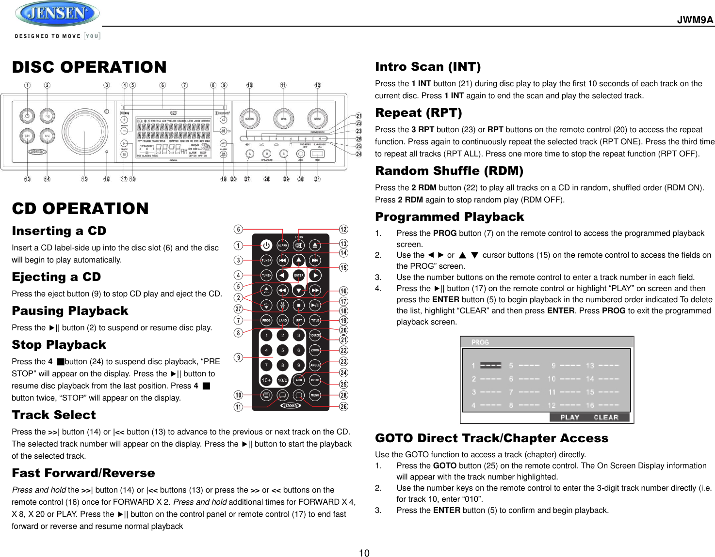  JWM9A  10 DISC OPERATION          CD OPERATION Inserting a CD Insert a CD label-side up into the disc slot (6) and the disc will begin to play automatically. Ejecting a CD Press the eject button (9) to stop CD play and eject the CD. Pausing Playback Press the || button (2) to suspend or resume disc play. Stop Playback Press the 4 ■button (24) to suspend disc playback, “PRE STOP” will appear on the display. Press the || button to resume disc playback from the last position. Press 4 ■ button twice, “STOP” will appear on the display. Track Select Press the &gt;&gt;| button (14) or |&lt;&lt; button (13) to advance to the previous or next track on the CD. The selected track number will appear on the display. Press the || button to start the playback of the selected track.   Fast Forward/Reverse Press and hold the &gt;&gt;| button (14) or |&lt;&lt; buttons (13) or press the &gt;&gt; or &lt;&lt; buttons on the remote control (16) once for FORWARD X 2. Press and hold additional times for FORWARD X 4, X 8, X 20 or PLAY. Press the || button on the control panel or remote control (17) to end fast forward or reverse and resume normal playback Intro Scan (INT) Press the 1 INT button (21) during disc play to play the first 10 seconds of each track on the current disc. Press 1 INT again to end the scan and play the selected track. Repeat (RPT) Press the 3 RPT button (23) or RPT buttons on the remote control (20) to access the repeat function. Press again to continuously repeat the selected track (RPT ONE). Press the third time to repeat all tracks (RPT ALL). Press one more time to stop the repeat function (RPT OFF). Random Shuffle (RDM) Press the 2 RDM button (22) to play all tracks on a CD in random, shuffled order (RDM ON). Press 2 RDM again to stop random play (RDM OFF). Programmed Playback 1.  Press the PROG button (7) on the remote control to access the programmed playback screen. 2.  Use the ◄ ► or ▲ ▼  cursor buttons (15) on the remote control to access the fields on the PROG” screen. 3.  Use the number buttons on the remote control to enter a track number in each field. 4.  Press the || button (17) on the remote control or highlight “PLAY” on screen and then press the ENTER button (5) to begin playback in the numbered order indicated To delete the list, highlight “CLEAR” and then press ENTER. Press PROG to exit the programmed playback screen.          GOTO Direct Track/Chapter Access Use the GOTO function to access a track (chapter) directly. 1.  Press the GOTO button (25) on the remote control. The On Screen Display information will appear with the track number highlighted. 2.  Use the number keys on the remote control to enter the 3-digit track number directly (i.e. for track 10, enter “010”. 3.  Press the ENTER button (5) to confirm and begin playback.   