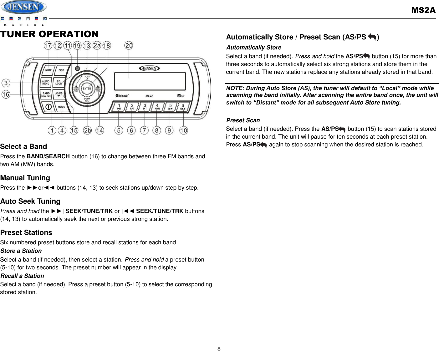       MS2A  8  TUNER OPERATION              Select a Band Press the BAND/SEARCH button (16) to change between three FM bands and two AM (MW) bands. Manual Tuning Press the ►►or◄◄ buttons (14, 13) to seek stations up/down step by step. Auto Seek Tuning Press and hold the ►►| SEEK/TUNE/TRK or |◄◄ SEEK/TUNE/TRK buttons (14, 13) to automatically seek the next or previous strong station. Preset Stations Six numbered preset buttons store and recall stations for each band. Store a Station Select a band (if needed), then select a station. Press and hold a preset button (5-10) for two seconds. The preset number will appear in the display. Recall a Station Select a band (if needed). Press a preset button (5-10) to select the corresponding stored station. Automatically Store / Preset Scan (AS/PS      ) Automatically Store Select a band (if needed). Press and hold the AS/PS    button (15) for more than three seconds to automatically select six strong stations and store them in the current band. The new stations replace any stations already stored in that band.  NOTE: During Auto Store (AS), the tuner will default to “Local” mode while scanning the band initially. After scanning the entire band once, the unit will switch to “Distant” mode for all subsequent Auto Store tuning.  Preset Scan Select a band (if needed). Press the AS/PS   button (15) to scan stations stored in the current band. The unit will pause for ten seconds at each preset station. Press AS/PS    again to stop scanning when the desired station is reached.   