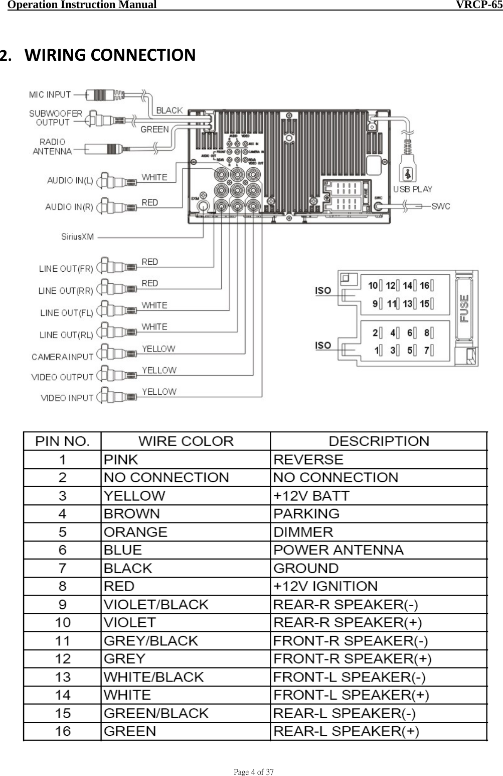                                     Page 4 of 37  Operation Instruction Manual                                                    VRCP-65 2. WIRINGCONNECTION