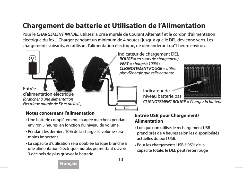 13Chargement de batterie et Utilisation de l&rsquo;AlimentationEntr&eacute;e USB pour Chargement/Alimentation &bull;  Lorsque non utilis&eacute;, le rechargement USB prend pr&egrave;s de 4 heures selon les disponibilit&eacute;s actuelles du port USB.&bull;  Pour les chargements USB &agrave; 95% de la  capacit&eacute; totale, le DEL peut rester rougeNotes concernant l&rsquo;alimentation&bull;  Une batterie compl&egrave;tement charg&eacute;e marchera pendant environ 5 heures, en fonction du niveau du volume.&bull;  Pendant les derniers 10% de la charge, le volume sera moins important.&bull;  La capacit&eacute; d&rsquo;utilisation sera doubl&eacute;e lorsque branch&eacute; &agrave; une alimentation &eacute;lectrique murale, permettant d&rsquo;avoir 3 d&eacute;cibels de plus qu&rsquo;avec la batterie.Pour le CHARGEMENT INITIAL, utilisez la prise murale de Courant Alternatif et le cordon d&rsquo;alimentation &eacute;lectrique du foxL. Charger pendant un minimum de 4 heures (jusqu&rsquo;&agrave; que le DEL devienne vert). Les chargements suivants, en utilisant l&rsquo;alimentation &eacute;lectrique, ne demanderont qu&rsquo;1 heure environ.Fran&ccedil;aisEntr&eacute;e  d&rsquo;alimentation &eacute;lectrique  (brancher &agrave; une alimentation &eacute;lectrique murale de 5V et au foxL)Indicateur de chargement DELROUGE = en cours de chargement;VERT = charg&eacute; &agrave; 100% ;CLIGNOTEMENT ROUGE = utilise  plus d&rsquo;&eacute;nergie que celle entranteIndicateur de  niveau batterie bas CLIGNOTEMENT ROUGE = Chargez la batterie