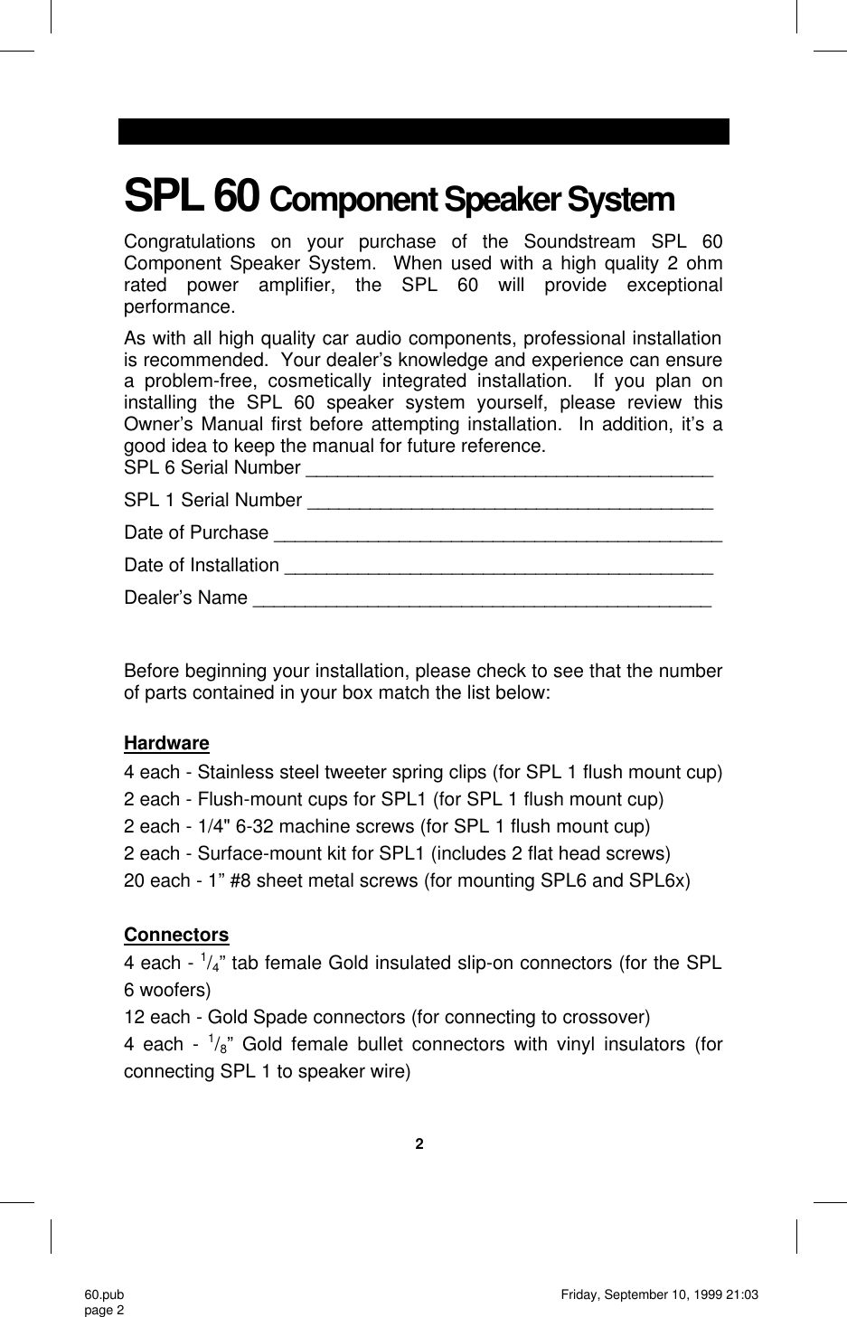 Page 2 of 8 - Soundstream-Technologies Soundstream-Technologies-Spl-60-Users-Manual- 60 Soundstream-technologies-spl-60-users-manual