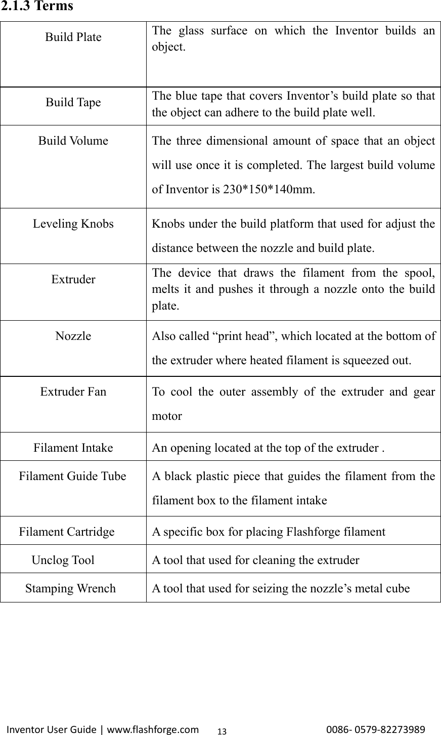                                                                                                                                                             InventorUserGuide|www.flashforge.com0086‐0579‐82273989132.1.3 Terms Build Plate  The glass surface on which the Inventor builds an object.  Build Tape  The blue tape that covers Inventor’s build plate so that the object can adhere to the build plate well. Build Volume  The three dimensional amount of space that an object will use once it is completed. The largest build volume of Inventor is 230*150*140mm. Leveling Knobs  Knobs under the build platform that used for adjust the distance between the nozzle and build plate. Extruder  The device that draws the filament from the spool, melts it and pushes it through a nozzle onto the build plate.  Nozzle  Also called “print head”, which located at the bottom of the extruder where heated filament is squeezed out. Extruder Fan  To cool the outer assembly of the extruder and gear motor Filament Intake  An opening located at the top of the extruder .   Filament Guide Tube  A black plastic piece that guides the filament from the filament box to the filament intake       Filament Cartridge  A specific box for placing Flashforge filament         Unclog Tool  A tool that used for cleaning the extruder         Stamping Wrench  A tool that used for seizing the nozzle’s metal cube    