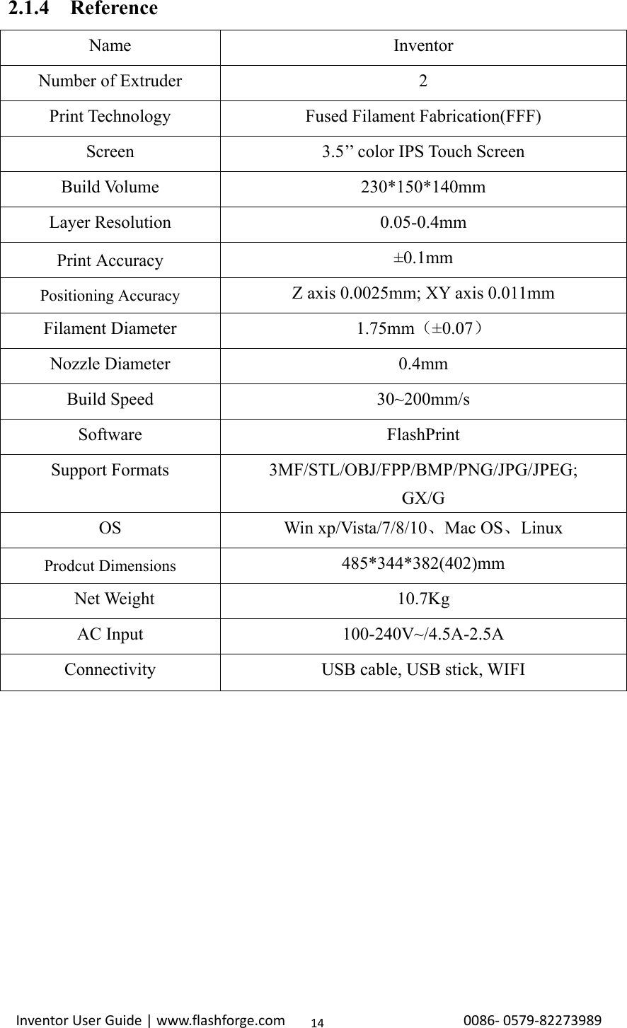                                                                                                                                                             InventorUserGuide|www.flashforge.com0086‐0579‐82273989142.1.4  Reference Name Inventor Number of Extruder    2 Print Technology  Fused Filament Fabrication(FFF) Screen  3.5’’ color IPS Touch Screen Build Volume  230*150*140mm Layer Resolution  0.05-0.4mm Print Accuracy  ±0.1mm Positioning Accuracy Z axis 0.0025mm; XY axis 0.011mm Filament Diameter  1.75mm（±0.07） Nozzle Diameter    0.4mm Build Speed  30~200mm/s Software FlashPrint Support Formats  3MF/STL/OBJ/FPP/BMP/PNG/JPG/JPEG; GX/G OS Win xp/Vista/7/8/10、Mac OS、Linux Prodcut Dimensions 485*344*382(402)mm  Net Weight  10.7Kg AC Input  100-240V~/4.5A-2.5A Connectivity  USB cable, USB stick, WIFI   
