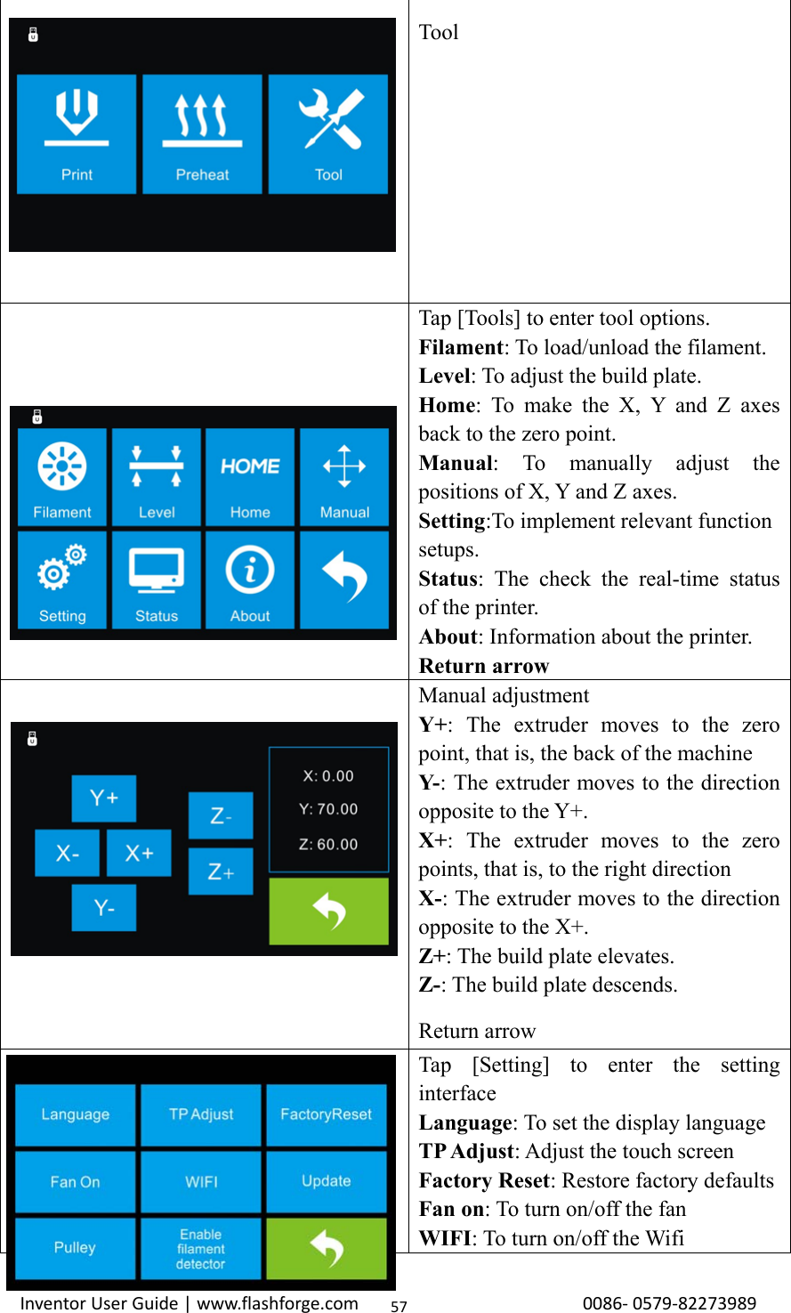                                                                                                                                                             InventorUserGuide|www.flashforge.com0086‐0579‐8227398957 Tool  Tap [Tools] to enter tool options. Filament: To load/unload the filament. Level: To adjust the build plate. Home: To make the X, Y and Z axes back to the zero point. Manual: To manually adjust the positions of X, Y and Z axes. Setting:To implement relevant function setups.  Status: The check the real-time status of the printer.   About: Information about the printer. Return arrow  Manual adjustment Y+: The extruder moves to the zero point, that is, the back of the machine Y-: The extruder moves to the direction opposite to the Y+.   X+: The extruder moves to the zero points, that is, to the right direction X-: The extruder moves to the direction opposite to the X+. Z+: The build plate elevates. Z-: The build plate descends. Return arrow  Tap [Setting] to enter the setting interface Language: To set the display language TP Adjust: Adjust the touch screen Factory Reset: Restore factory defaults Fan on: To turn on/off the fan     WIFI: To turn on/off the Wifi 