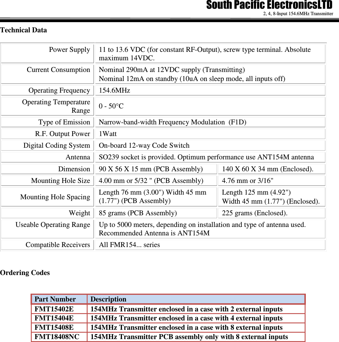   2, 4, 8-Input 154.6MHz Transmitter Technical Data  Power Supply 11 to 13.6 VDC (for constant RF-Output), screw type terminal. Absolute maximum 14VDC. Current Consumption Nominal 290mA at 12VDC supply (Transmitting) Nominal 12mA on standby (10uA on sleep mode, all inputs off) Operating Frequency 154.6MHz  Operating Temperature Range 0 - 50&deg;C Type of Emission Narrow-band-width Frequency Modulation  (F1D) R.F. Output Power 1Watt Digital Coding System On-board 12-way Code Switch Antenna SO239 socket is provided. Optimum performance use ANT154M antenna Dimension 90 X 56 X 15 mm (PCB Assembly)  140 X 60 X 34 mm (Enclosed). Mounting Hole Size 4.00 mm or 5/32 " (PCB Assembly)  4.76 mm or 3/16" Mounting Hole Spacing Length 76 mm (3.00") Width 45 mm (1.77") (PCB Assembly) Length 125 mm (4.92")  Width 45 mm (1.77") (Enclosed). Weight 85 grams (PCB Assembly)  225 grams (Enclosed). Useable Operating Range Up to 5000 meters, depending on installation and type of antenna used. Recommended Antenna is ANT154M Compatible Receivers All FMR154... series   Ordering Codes   Part Number   Description FMT15402E  154MHz Transmitter enclosed in a case with 2 external inputs FMT15404E  154MHz Transmitter enclosed in a case with 4 external inputs FMT15408E  154MHz Transmitter enclosed in a case with 8 external inputs FMT18408NC  154MHz Transmitter PCB assembly only with 8 external inputs                 