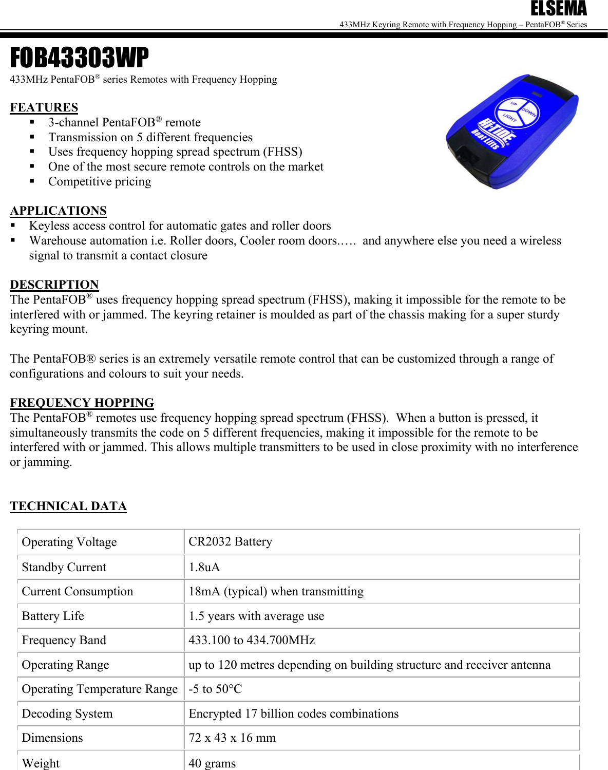 Page 1 of South Pacific Electronics FOB433 Keyring Remote Control User Manual fob43303wpx