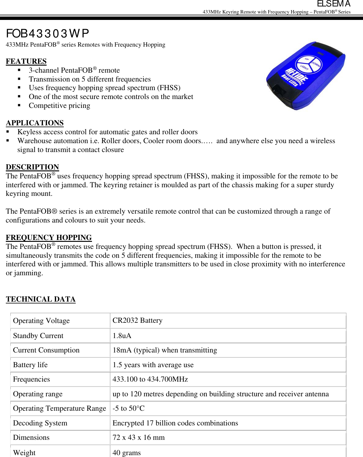 Page 1 of South Pacific Electronics FOB433WP Keyring Remote Control User Manual fob43303wpx