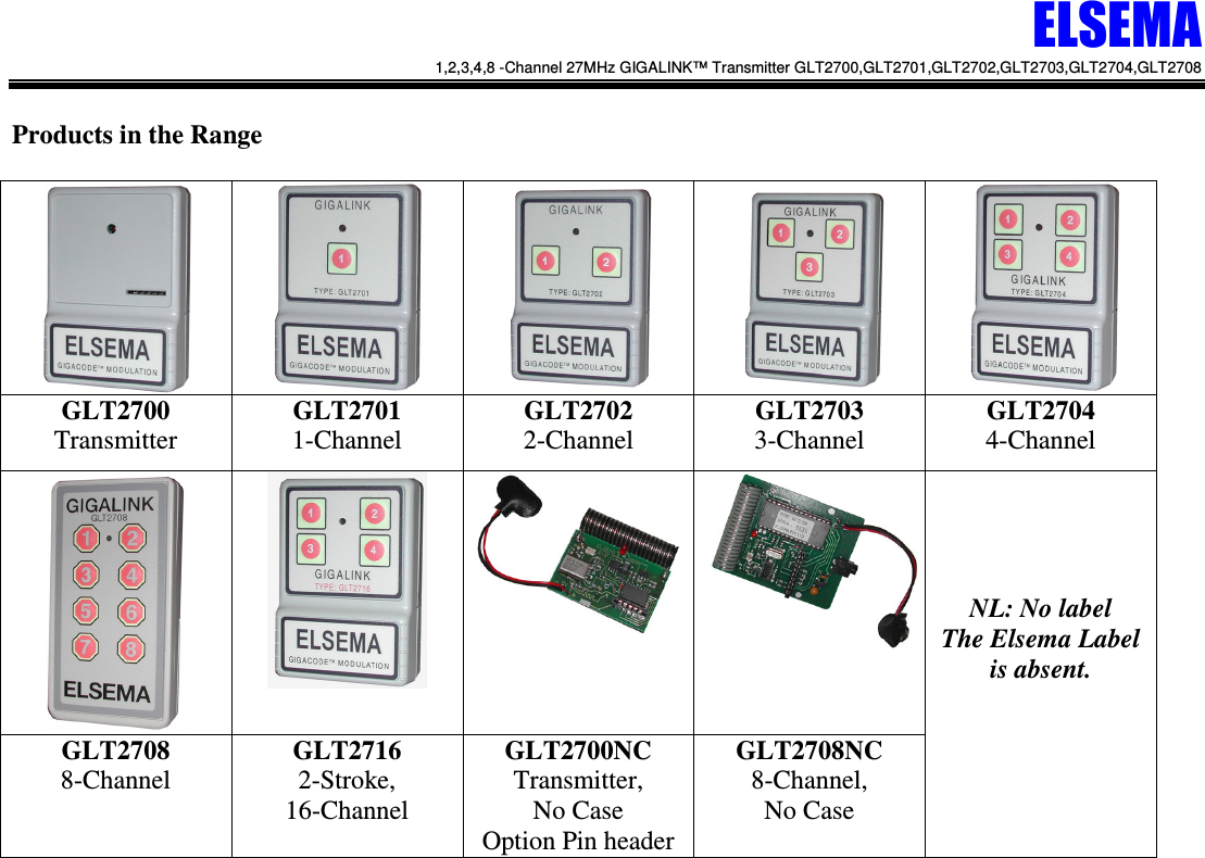 ELSEMA 1,2,3,4,8 -Channel 27MHz GIGALINK&trade; Transmitter GLT2700,GLT2701,GLT2702,GLT2703,GLT2704,GLT2708   Products in the Range       GLT2700 Transmitter GLT2701 1-Channel GLT2702    2-Channel GLT2703 3-Channel GLT2704 4-Channel        NL: No label The Elsema Label is absent. GLT2708 8-Channel GLT2716 2-Stroke, 16-Channel GLT2700NC Transmitter,  No Case Option Pin header GLT2708NC 8-Channel,  No Case                                                                              