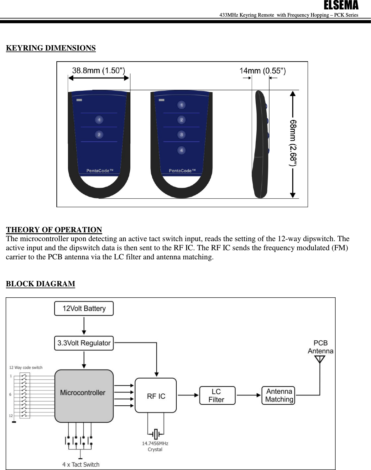 ELSEMA 433MHz Keyring Remote  with Frequency Hopping &ndash; PCK Series    KEYRING DIMENSIONS     THEORY OF OPERATION The microcontroller upon detecting an active tact switch input, reads the setting of the 12-way dipswitch. The active input and the dipswitch data is then sent to the RF IC. The RF IC sends the frequency modulated (FM) carrier to the PCB antenna via the LC filter and antenna matching.   BLOCK DIAGRAM         