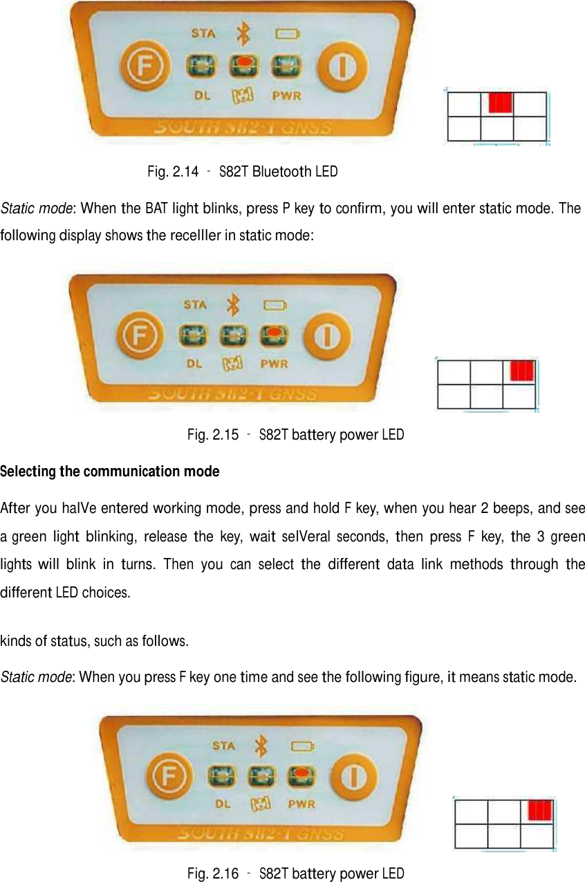      Fig. 2.14 – S82T Bluetooth LED   Static mode: When the BAT light blinks, press P key to confirm, you will enter static mode. The  following display shows the receIIIer in static mode:    Fig. 2.15 – S82T battery power LED  Selecting the communication mode  After you haIVe entered working mode, press and hold F key, when you hear 2 beeps, and see a green light blinking, release the key, wait seIVeral seconds, then press F key, the 3 green lights will blink in turns. Then you can select the different data link methods through the different LED choices.   kinds of status, such as follows.   Static mode: When you press F key one time and see the following figure, it means static mode.    Fig. 2.16 – S82T battery power LED       