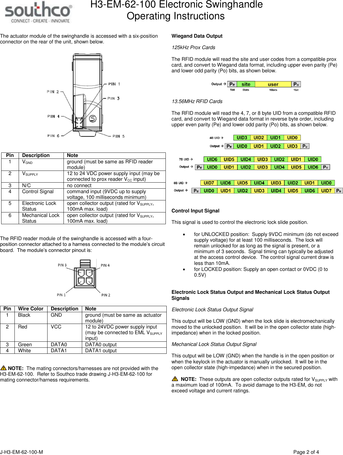 H3-EM-62-100 Electronic Swinghandle      Operating Instructions  J-H3-EM-62-100-M                                      Page 2 of 4  The actuator module of the swinghandle is accessed with a six-position connector on the rear of the unit, shown below.     Pin Description Note 1 VGND ground (must be same as RFID reader module) 2 VSUPPLY 12 to 24 VDC power supply input (may be connected to prox reader VCC input) 3 N/C no connect 4 Control Signal command input (9VDC up to supply voltage, 100 milliseconds minimum) 5 Electronic Lock Status  open collector output (rated for VSUPPLY, 100mA max. load) 6 Mechanical Lock Status open collector output (rated for VSUPPLY, 100mA max. load)   The RFID reader module of the swinghandle is accessed with a four-position connector attached to a harness connected to the module&rsquo;s circuit board.  The module&rsquo;s connector pinout is:    Pin Wire Color Description Note 1 Black GND  ground (must be same as actuator module) 2 Red VCC  12 to 24VDC power supply input (may be connected to EML VSUPPLY input) 3 Green DATA0  DATA0 output 4 White DATA1  DATA1 output    NOTE:  The mating connectors/harnesses are not provided with the H3-EM-62-100.  Refer to Southco trade drawing J-H3-EM-62-100 for mating connector/harness requirements.    Wiegand Data Output  125kHz Prox Cards  The RFID module will read the site and user codes from a compatible prox card, and convert to Wiegand data format, including upper even parity (Pe) and lower odd parity (Po) bits, as shown below.    13.56MHz RFID Cards  The RFID module will read the 4, 7, or 8 byte UID from a compatible RFID card, and convert to Wiegand data format in reverse byte order, including upper even parity (Pe) and lower odd parity (Po) bits, as shown below.     Control Input Signal  This signal is used to control the electronic lock slide position.      for UNLOCKED position:  Supply 9VDC minimum (do not exceed supply voltage) for at least 100 milliseconds.  The lock will remain unlocked for as long as the signal is present, or a minimum of 3 seconds.  Signal timing can typically be adjusted at the access control device.  The control signal current draw is less than 10mA.   for LOCKED position: Supply an open contact or 0VDC (0 to 0.5V)   Electronic Lock Status Output and Mechanical Lock Status Output Signals  Electronic Lock Status Output Signal  This output will be LOW (GND) when the lock slide is electromechanically moved to the unlocked position.  It will be in the open collector state (high-impedance) when in the locked position.   Mechanical Lock Status Output Signal  This output will be LOW (GND) when the handle is in the open position or when the keylock in the actuator is manually unlocked.  It will be in the open collector state (high-impedance) when in the secured position.    NOTE:  These outputs are open collector outputs rated for VSUPPLY with a maximum load of 100mA.  To avoid damage to the H3-EM, do not exceed voltage and current ratings.     