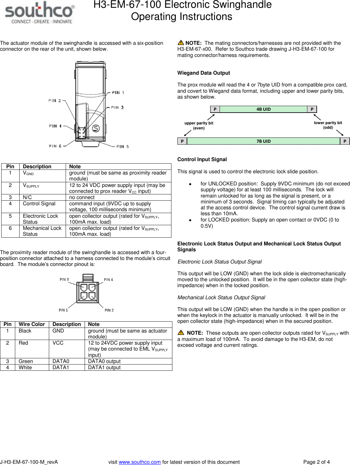 H3-EM-67-100 Electronic Swinghandle      Operating Instructions   J-H3-EM-67-100-M_revA                                   visit www.southco.com for latest version of this document    Page 2 of 4   The actuator module of the swinghandle is accessed with a six-position connector on the rear of the unit, shown below.     Pin Description Note 1 VGND ground (must be same as proximity reader module) 2 VSUPPLY 12 to 24 VDC power supply input (may be connected to prox reader VCC input) 3 N/C no connect 4 Control Signal command input (9VDC up to supply voltage, 100 milliseconds minimum) 5 Electronic Lock Status  open collector output (rated for VSUPPLY, 100mA max. load) 6 Mechanical Lock Status open collector output (rated for VSUPPLY, 100mA max. load)   The proximity reader module of the swinghandle is accessed with a four-position connector attached to a harness connected to the module&rsquo;s circuit board.  The module&rsquo;s connector pinout is:    Pin Wire Color Description Note 1 Black GND  ground (must be same as actuator module) 2 Red VCC  12 to 24VDC power supply input (may be connected to EML VSUPPLY input) 3 Green DATA0  DATA0 output 4 White DATA1  DATA1 output      NOTE:  The mating connectors/harnesses are not provided with the H3-EM-67-x00.  Refer to Southco trade drawing J-H3-EM-67-100 for mating connector/harness requirements.   Wiegand Data Output  The prox module will read the 4 or 7byte UID from a compatible prox card, and covert to Wiegand data format, including upper and lower parity bits, as shown below.  P P4B UIDP P7B UIDupper parity bit(even)lower parity bit(odd)   Control Input Signal  This signal is used to control the electronic lock slide position.      for UNLOCKED position:  Supply 9VDC minimum (do not exceed supply voltage) for at least 100 milliseconds.  The lock will remain unlocked for as long as the signal is present, or a minimum of 3 seconds.  Signal timing can typically be adjusted at the access control device.  The control signal current draw is less than 10mA.   for LOCKED position: Supply an open contact or 0VDC (0 to 0.5V)   Electronic Lock Status Output and Mechanical Lock Status Output Signals  Electronic Lock Status Output Signal  This output will be LOW (GND) when the lock slide is electromechanically moved to the unlocked position.  It will be in the open collector state (high-impedance) when in the locked position.   Mechanical Lock Status Output Signal  This output will be LOW (GND) when the handle is in the open position or when the keylock in the actuator is manually unlocked.  It will be in the open collector state (high-impedance) when in the secured position.    NOTE:  These outputs are open collector outputs rated for VSUPPLY with a maximum load of 100mA.  To avoid damage to the H3-EM, do not exceed voltage and current ratings.     