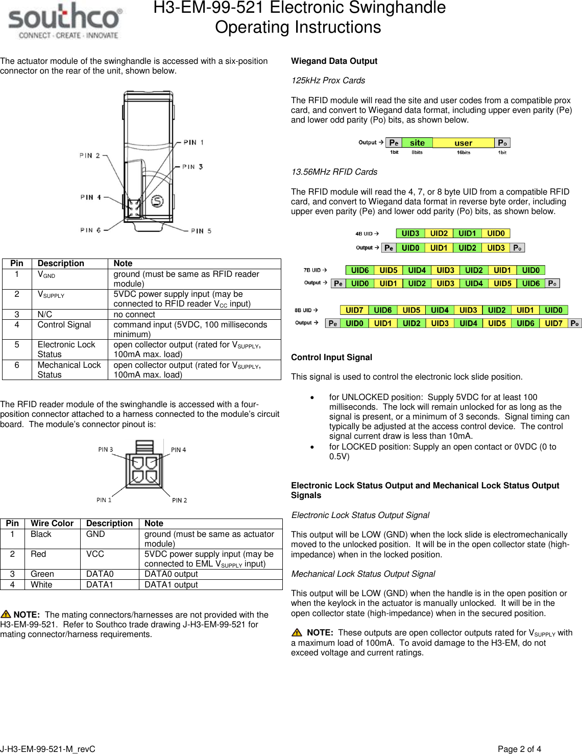 H3-EM-99-521 Electronic Swinghandle      Operating Instructions   J-H3-EM-99-521-M_revC                                          Page 2 of 4   The actuator module of the swinghandle is accessed with a six-position connector on the rear of the unit, shown below.     Pin Description Note 1 VGND ground (must be same as RFID reader module) 2 VSUPPLY 5VDC power supply input (may be connected to RFID reader VCC input) 3 N/C no connect 4 Control Signal command input (5VDC, 100 milliseconds minimum) 5 Electronic Lock Status  open collector output (rated for VSUPPLY, 100mA max. load) 6 Mechanical Lock Status open collector output (rated for VSUPPLY, 100mA max. load)   The RFID reader module of the swinghandle is accessed with a four-position connector attached to a harness connected to the module&rsquo;s circuit board.  The module&rsquo;s connector pinout is:    Pin Wire Color Description Note 1 Black GND  ground (must be same as actuator module) 2 Red VCC  5VDC power supply input (may be connected to EML VSUPPLY input) 3 Green DATA0  DATA0 output 4 White DATA1  DATA1 output    NOTE:  The mating connectors/harnesses are not provided with the H3-EM-99-521.  Refer to Southco trade drawing J-H3-EM-99-521 for mating connector/harness requirements.    Wiegand Data Output  125kHz Prox Cards  The RFID module will read the site and user codes from a compatible prox card, and convert to Wiegand data format, including upper even parity (Pe) and lower odd parity (Po) bits, as shown below.    13.56MHz RFID Cards  The RFID module will read the 4, 7, or 8 byte UID from a compatible RFID card, and convert to Wiegand data format in reverse byte order, including upper even parity (Pe) and lower odd parity (Po) bits, as shown below.     Control Input Signal  This signal is used to control the electronic lock slide position.      for UNLOCKED position:  Supply 5VDC for at least 100 milliseconds.  The lock will remain unlocked for as long as the signal is present, or a minimum of 3 seconds.  Signal timing can typically be adjusted at the access control device.  The control signal current draw is less than 10mA.   for LOCKED position: Supply an open contact or 0VDC (0 to 0.5V)   Electronic Lock Status Output and Mechanical Lock Status Output Signals  Electronic Lock Status Output Signal  This output will be LOW (GND) when the lock slide is electromechanically moved to the unlocked position.  It will be in the open collector state (high-impedance) when in the locked position.   Mechanical Lock Status Output Signal  This output will be LOW (GND) when the handle is in the open position or when the keylock in the actuator is manually unlocked.  It will be in the open collector state (high-impedance) when in the secured position.    NOTE:  These outputs are open collector outputs rated for VSUPPLY with a maximum load of 100mA.  To avoid damage to the H3-EM, do not exceed voltage and current ratings.     
