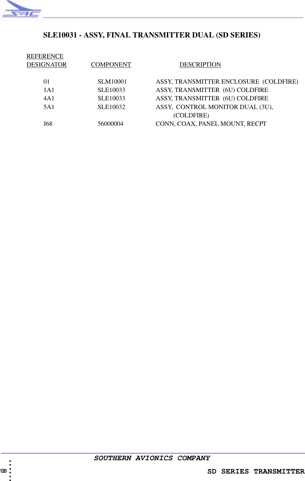                    SD SERIES TRANSMITTER120  • • • •••SOUTHERN AVIONICS COMPANYSLE10031 - ASSY, FINAL TRANSMITTER DUAL (SD SERIES)REFERENCEDESIGNATOR               COMPONENT                              DESCRIPTION01 SLM10001 ASSY, TRANSMITTER ENCLOSURE  (COLDFIRE)1A1 SLE10033 ASSY, TRANSMITTER  (6U) COLDFIRE4A1 SLE10033 ASSY, TRANSMITTER  (6U) COLDFIRE5A1 SLE10032 ASSY,  CONTROL MONITOR DUAL (3U),                                                                                                            (COLDFIRE)J68 56000004 CONN, COAX, PANEL MOUNT, RECPT