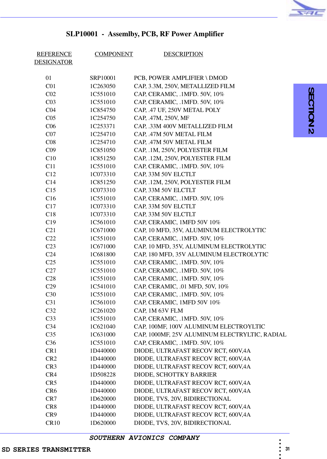 SD SERIES TRANSMITTER                                                                                                                                                                                                31 • • • •••SOUTHERN AVIONICS COMPANY  SECTION 2SLP10001  -  Assemlby, PCB, RF Power Amplifier    REFERENCE               COMPONENT                    DESCRIPTION       DESIGNATOR01 SRP10001     PCB, POWER AMPLIFIER \ DMODC01 1C263050     CAP, 3.3M, 250V, METALLIZED FILMC02 1C551010     CAP, CERAMIC, .1MFD. 50V, 10%C03 1C551010    CAP, CERAMIC, .1MFD. 50V, 10%C04 1C854750     CAP, .47 UF, 250V METAL POLYC05 1C254750    CAP, .47M, 250V, MFC06 1C253371    CAP, .33M 400V METALLIZED FILMC07 1C254710    CAP, .47M 50V METAL FILMC08 1C254710     CAP, .47M 50V METAL FILMC09 1C851050     CAP, .1M, 250V, POLYESTER FILMC10 1C851250     CAP, .12M, 250V, POLYESTER FILMC11 1C551010     CAP, CERAMIC, .1MFD. 50V, 10%C12 1C073310    CAP, 33M 50V ELCTLT        C14 1C851250    CAP, .12M, 250V, POLYESTER FILMC15 1C073310     CAP, 33M 50V ELCTLT        C16 1C551010     CAP, CERAMIC, .1MFD. 50V, 10%C17 1C073310     CAP, 33M 50V ELCTLT        C18 1C073310     CAP, 33M 50V ELCTLT        C19 1C561010     CAP, CERAMIC, 1MFD 50V 10%C21 1C671000     CAP, 10 MFD, 35V, ALUMINUM ELECTROLYTICC22 1C551010     CAP, CERAMIC, .1MFD. 50V, 10%C23 1C671000     CAP, 10 MFD, 35V, ALUMINUM ELECTROLYTICC24 1C681800     CAP, 180 MFD, 35V ALUMINUM ELECTROLYTICC25 1C551010     CAP, CERAMIC, .1MFD. 50V, 10%C27 1C551010     CAP, CERAMIC, .1MFD. 50V, 10%C28 1C551010     CAP, CERAMIC, .1MFD. 50V, 10%C29 1C541010     CAP, CERAMIC, .01 MFD, 50V, 10%C30 1C551010     CAP, CERAMIC, .1MFD. 50V, 10%C31 1C561010     CAP, CERAMIC, 1MFD 50V 10%C32 1C261020     CAP, 1M 63V FLMC33 1C551010     CAP, CERAMIC, .1MFD. 50V, 10%C34 1C621040    CAP, 100MF, 100V ALUMINUM ELECTROYLTICC35 1C631000     CAP, 1000MF, 25V ALUMINUM ELECTRYLTIC, RADIALC36 1C551010     CAP, CERAMIC, .1MFD. 50V, 10%CR1 1D440000     DIODE, ULTRAFAST RECOV RCT, 600V,4ACR2 1D440000     DIODE, ULTRAFAST RECOV RCT, 600V,4ACR3 1D440000    DIODE, ULTRAFAST RECOV RCT, 600V,4ACR4 1D508228   DIODE, SCHOTTKY BARRIERCR5 1D440000    DIODE, ULTRAFAST RECOV RCT, 600V,4ACR6 1D440000     DIODE, ULTRAFAST RECOV RCT, 600V,4ACR7 1D620000     DIODE, TVS, 20V, BIDIRECTIONALCR8 1D440000    DIODE, ULTRAFAST RECOV RCT, 600V,4ACR9 1D440000    DIODE, ULTRAFAST RECOV RCT, 600V,4ACR10 1D620000     DIODE, TVS, 20V, BIDIRECTIONAL