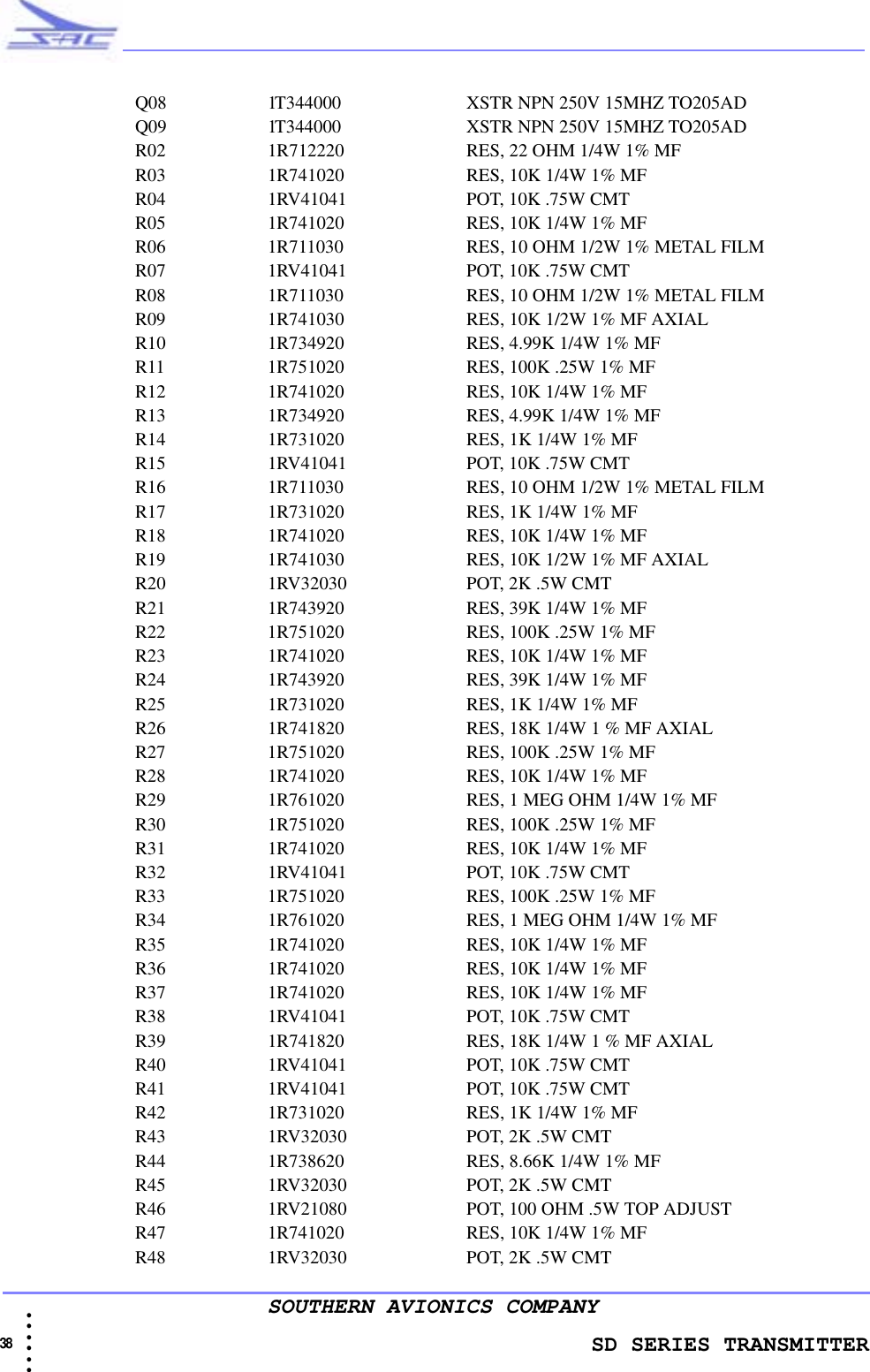                 SD SERIES TRANSMITTER38  • • • •••SOUTHERN AVIONICS COMPANYQ08 1T344000     XSTR NPN 250V 15MHZ TO205ADQ09 1T344000     XSTR NPN 250V 15MHZ TO205ADR02 1R712220     RES, 22 OHM 1/4W 1% MFR03 1R741020     RES, 10K 1/4W 1% MFR04 1RV41041     POT, 10K .75W CMTR05 1R741020     RES, 10K 1/4W 1% MFR06 1R711030     RES, 10 OHM 1/2W 1% METAL FILMR07 1RV41041     POT, 10K .75W CMTR08 1R711030     RES, 10 OHM 1/2W 1% METAL FILMR09 1R741030     RES, 10K 1/2W 1% MF AXIALR10 1R734920     RES, 4.99K 1/4W 1% MFR11 1R751020     RES, 100K .25W 1% MFR12 1R741020     RES, 10K 1/4W 1% MFR13 1R734920     RES, 4.99K 1/4W 1% MFR14 1R731020     RES, 1K 1/4W 1% MFR15 1RV41041     POT, 10K .75W CMTR16 1R711030     RES, 10 OHM 1/2W 1% METAL FILMR17 1R731020     RES, 1K 1/4W 1% MFR18 1R741020     RES, 10K 1/4W 1% MFR19 1R741030     RES, 10K 1/2W 1% MF AXIALR20 1RV32030     POT, 2K .5W CMTR21 1R743920     RES, 39K 1/4W 1% MFR22 1R751020     RES, 100K .25W 1% MFR23 1R741020     RES, 10K 1/4W 1% MFR24 1R743920    RES, 39K 1/4W 1% MFR25 1R731020     RES, 1K 1/4W 1% MFR26 1R741820     RES, 18K 1/4W 1 % MF AXIALR27 1R751020     RES, 100K .25W 1% MFR28 1R741020     RES, 10K 1/4W 1% MFR29 1R761020     RES, 1 MEG OHM 1/4W 1% MFR30 1R751020     RES, 100K .25W 1% MFR31 1R741020     RES, 10K 1/4W 1% MFR32 1RV41041     POT, 10K .75W CMTR33 1R751020     RES, 100K .25W 1% MFR34 1R761020     RES, 1 MEG OHM 1/4W 1% MFR35 1R741020     RES, 10K 1/4W 1% MFR36 1R741020     RES, 10K 1/4W 1% MFR37 1R741020     RES, 10K 1/4W 1% MFR38 1RV41041     POT, 10K .75W CMTR39 1R741820     RES, 18K 1/4W 1 % MF AXIALR40 1RV41041     POT, 10K .75W CMTR41 1RV41041     POT, 10K .75W CMTR42 1R731020     RES, 1K 1/4W 1% MFR43 1RV32030     POT, 2K .5W CMTR44 1R738620     RES, 8.66K 1/4W 1% MFR45 1RV32030     POT, 2K .5W CMTR46 1RV21080     POT, 100 OHM .5W TOP ADJUSTR47 1R741020     RES, 10K 1/4W 1% MFR48 1RV32030     POT, 2K .5W CMT