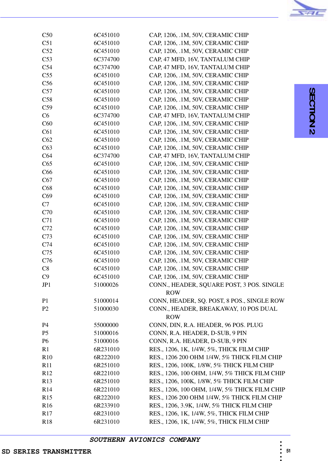 SD SERIES TRANSMITTER                                                                                                                                                                                             51 • • • •••SOUTHERN AVIONICS COMPANY  SECTION 2C50 6C451010 CAP, 1206, .1M, 50V, CERAMIC CHIPC51 6C451010 CAP, 1206, .1M, 50V, CERAMIC CHIPC52 6C451010 CAP, 1206, .1M, 50V, CERAMIC CHIPC53 6C374700 CAP, 47 MFD, 16V, TANTALUM CHIPC54 6C374700 CAP, 47 MFD, 16V, TANTALUM CHIPC55 6C451010 CAP, 1206, .1M, 50V, CERAMIC CHIPC56 6C451010 CAP, 1206, .1M, 50V, CERAMIC CHIPC57 6C451010 CAP, 1206, .1M, 50V, CERAMIC CHIPC58 6C451010 CAP, 1206, .1M, 50V, CERAMIC CHIPC59 6C451010 CAP, 1206, .1M, 50V, CERAMIC CHIPC6 6C374700 CAP, 47 MFD, 16V, TANTALUM CHIPC60 6C451010 CAP, 1206, .1M, 50V, CERAMIC CHIPC61 6C451010 CAP, 1206, .1M, 50V, CERAMIC CHIPC62 6C451010 CAP, 1206, .1M, 50V, CERAMIC CHIPC63 6C451010 CAP, 1206, .1M, 50V, CERAMIC CHIPC64 6C374700 CAP, 47 MFD, 16V, TANTALUM CHIPC65 6C451010 CAP, 1206, .1M, 50V, CERAMIC CHIPC66 6C451010 CAP, 1206, .1M, 50V, CERAMIC CHIPC67 6C451010 CAP, 1206, .1M, 50V, CERAMIC CHIPC68 6C451010 CAP, 1206, .1M, 50V, CERAMIC CHIPC69 6C451010 CAP, 1206, .1M, 50V, CERAMIC CHIPC7 6C451010 CAP, 1206, .1M, 50V, CERAMIC CHIPC70 6C451010 CAP, 1206, .1M, 50V, CERAMIC CHIPC71 6C451010 CAP, 1206, .1M, 50V, CERAMIC CHIPC72 6C451010 CAP, 1206, .1M, 50V, CERAMIC CHIPC73 6C451010 CAP, 1206, .1M, 50V, CERAMIC CHIPC74 6C451010 CAP, 1206, .1M, 50V, CERAMIC CHIPC75 6C451010 CAP, 1206, .1M, 50V, CERAMIC CHIPC76 6C451010 CAP, 1206, .1M, 50V, CERAMIC CHIPC8 6C451010 CAP, 1206, .1M, 50V, CERAMIC CHIPC9 6C451010 CAP, 1206, .1M, 50V, CERAMIC CHIPJP1 51000026 CONN., HEADER, SQUARE POST, 3 POS. SINGLE                                                                                                            ROWP1 51000014 CONN, HEADER, SQ. POST, 8 POS., SINGLE ROWP2 51000030 CONN., HEADER, BREAKAWAY, 10 POS DUAL                                                                                                            ROWP4 55000000 CONN, DIN, R.A. HEADER, 96 POS. PLUGP5 51000016 CONN, R.A. HEADER, D-SUB, 9 PINP6 51000016 CONN, R.A. HEADER, D-SUB, 9 PINR1 6R231010 RES., 1206, 1K, 1/4W, 5%, THICK FILM CHIPR10 6R222010 RES., 1206 200 OHM 1/4W, 5% THICK FILM CHIPR11 6R251010 RES., 1206, 100K, 1/8W, 5% THICK FILM CHIPR12 6R221010 RES., 1206, 100 OHM, 1/4W, 5% THICK FILM CHIPR13 6R251010 RES., 1206, 100K, 1/8W, 5% THICK FILM CHIPR14 6R221010 RES., 1206, 100 OHM, 1/4W, 5% THICK FILM CHIPR15 6R222010 RES., 1206 200 OHM 1/4W, 5% THICK FILM CHIPR16 6R233910 RES., 1206, 3.9K, 1/4W, 5% THICK FILM CHIPR17 6R231010 RES., 1206, 1K, 1/4W, 5%, THICK FILM CHIPR18 6R231010 RES., 1206, 1K, 1/4W, 5%, THICK FILM CHIP