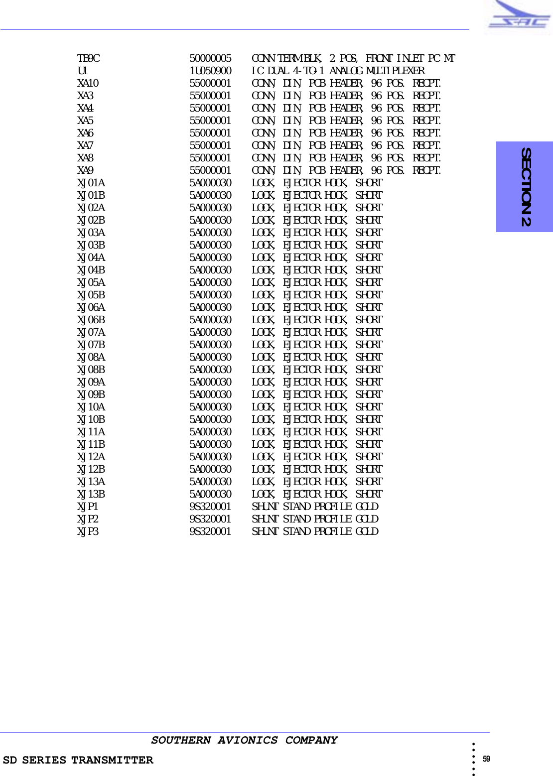 SD SERIES TRANSMITTER                                                                                                                                                                                                59 • • • •••SOUTHERN AVIONICS COMPANY  SECTION 2TB9C 50000005    CONN TERM BLK, 2 POS, FRONT INLET PC MTU1 1U050900    IC DUAL 4-TO-1 ANALOG MULTIPLEXERXA10 55000001    CONN, DIN, PCB HEADER, 96 POS. RECPT.XA3 55000001    CONN, DIN, PCB HEADER, 96 POS. RECPT.XA4 55000001    CONN, DIN, PCB HEADER, 96 POS. RECPT.XA5 55000001    CONN, DIN, PCB HEADER, 96 POS. RECPT.XA6 55000001    CONN, DIN, PCB HEADER, 96 POS. RECPT.XA7 55000001    CONN, DIN, PCB HEADER, 96 POS. RECPT.XA8 55000001    CONN, DIN, PCB HEADER, 96 POS. RECPT.XA9 55000001    CONN, DIN, PCB HEADER, 96 POS. RECPT.XJ01A 5A000030    LOCK, EJECTOR HOOK, SHORTXJ01B 5A000030    LOCK, EJECTOR HOOK, SHORTXJ02A 5A000030    LOCK, EJECTOR HOOK, SHORTXJ02B 5A000030    LOCK, EJECTOR HOOK, SHORTXJ03A 5A000030    LOCK, EJECTOR HOOK, SHORTXJ03B 5A000030    LOCK, EJECTOR HOOK, SHORTXJ04A 5A000030    LOCK, EJECTOR HOOK, SHORTXJ04B 5A000030    LOCK, EJECTOR HOOK, SHORTXJ05A 5A000030    LOCK, EJECTOR HOOK, SHORTXJ05B 5A000030    LOCK, EJECTOR HOOK, SHORTXJ06A 5A000030    LOCK, EJECTOR HOOK, SHORTXJ06B 5A000030    LOCK, EJECTOR HOOK, SHORTXJ07A 5A000030    LOCK, EJECTOR HOOK, SHORTXJ07B 5A000030    LOCK, EJECTOR HOOK, SHORTXJ08A 5A000030    LOCK, EJECTOR HOOK, SHORTXJ08B 5A000030    LOCK, EJECTOR HOOK, SHORTXJ09A 5A000030    LOCK, EJECTOR HOOK, SHORTXJ09B 5A000030    LOCK, EJECTOR HOOK, SHORTXJ10A 5A000030    LOCK, EJECTOR HOOK, SHORTXJ10B 5A000030    LOCK, EJECTOR HOOK, SHORTXJ11A 5A000030    LOCK, EJECTOR HOOK, SHORTXJ11B 5A000030    LOCK, EJECTOR HOOK, SHORTXJ12A 5A000030    LOCK, EJECTOR HOOK, SHORTXJ12B 5A000030    LOCK, EJECTOR HOOK, SHORTXJ13A 5A000030    LOCK, EJECTOR HOOK, SHORTXJ13B 5A000030    LOCK, EJECTOR HOOK, SHORTXJP1 9S320001    SHUNT STAND PROFILE GOLDXJP2 9S320001    SHUNT STAND PROFILE GOLDXJP3 9S320001    SHUNT STAND PROFILE GOLD