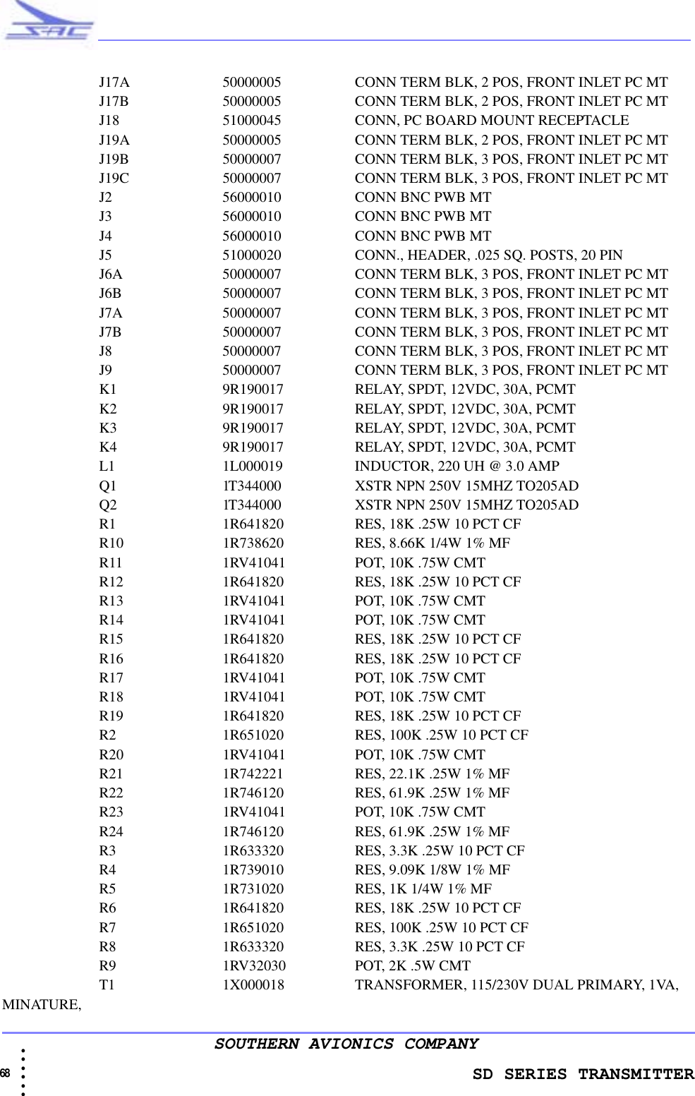                   SD SERIES TRANSMITTER68  • • • •••SOUTHERN AVIONICS COMPANYJ17A 50000005 CONN TERM BLK, 2 POS, FRONT INLET PC MTJ17B 50000005 CONN TERM BLK, 2 POS, FRONT INLET PC MTJ18 51000045 CONN, PC BOARD MOUNT RECEPTACLEJ19A 50000005 CONN TERM BLK, 2 POS, FRONT INLET PC MTJ19B 50000007 CONN TERM BLK, 3 POS, FRONT INLET PC MTJ19C 50000007 CONN TERM BLK, 3 POS, FRONT INLET PC MTJ2 56000010 CONN BNC PWB MTJ3 56000010 CONN BNC PWB MTJ4 56000010 CONN BNC PWB MTJ5 51000020 CONN., HEADER, .025 SQ. POSTS, 20 PINJ6A 50000007 CONN TERM BLK, 3 POS, FRONT INLET PC MTJ6B 50000007 CONN TERM BLK, 3 POS, FRONT INLET PC MTJ7A 50000007 CONN TERM BLK, 3 POS, FRONT INLET PC MTJ7B 50000007 CONN TERM BLK, 3 POS, FRONT INLET PC MTJ8 50000007 CONN TERM BLK, 3 POS, FRONT INLET PC MTJ9 50000007 CONN TERM BLK, 3 POS, FRONT INLET PC MTK1 9R190017 RELAY, SPDT, 12VDC, 30A, PCMTK2 9R190017 RELAY, SPDT, 12VDC, 30A, PCMTK3 9R190017 RELAY, SPDT, 12VDC, 30A, PCMTK4 9R190017 RELAY, SPDT, 12VDC, 30A, PCMTL1 1L000019 INDUCTOR, 220 UH @ 3.0 AMPQ1 1T344000 XSTR NPN 250V 15MHZ TO205ADQ2 1T344000 XSTR NPN 250V 15MHZ TO205ADR1 1R641820 RES, 18K .25W 10 PCT CFR10 1R738620 RES, 8.66K 1/4W 1% MFR11 1RV41041 POT, 10K .75W CMTR12 1R641820 RES, 18K .25W 10 PCT CFR13 1RV41041 POT, 10K .75W CMTR14 1RV41041 POT, 10K .75W CMTR15 1R641820 RES, 18K .25W 10 PCT CFR16 1R641820 RES, 18K .25W 10 PCT CFR17 1RV41041 POT, 10K .75W CMTR18 1RV41041 POT, 10K .75W CMTR19 1R641820 RES, 18K .25W 10 PCT CFR2 1R651020 RES, 100K .25W 10 PCT CFR20 1RV41041 POT, 10K .75W CMTR21 1R742221 RES, 22.1K .25W 1% MFR22 1R746120 RES, 61.9K .25W 1% MFR23 1RV41041 POT, 10K .75W CMTR24 1R746120 RES, 61.9K .25W 1% MFR3 1R633320 RES, 3.3K .25W 10 PCT CFR4 1R739010 RES, 9.09K 1/8W 1% MFR5 1R731020 RES, 1K 1/4W 1% MFR6 1R641820 RES, 18K .25W 10 PCT CFR7 1R651020 RES, 100K .25W 10 PCT CFR8 1R633320 RES, 3.3K .25W 10 PCT CFR9 1RV32030 POT, 2K .5W CMTT1 1X000018 TRANSFORMER, 115/230V DUAL PRIMARY, 1VA, MINATURE,