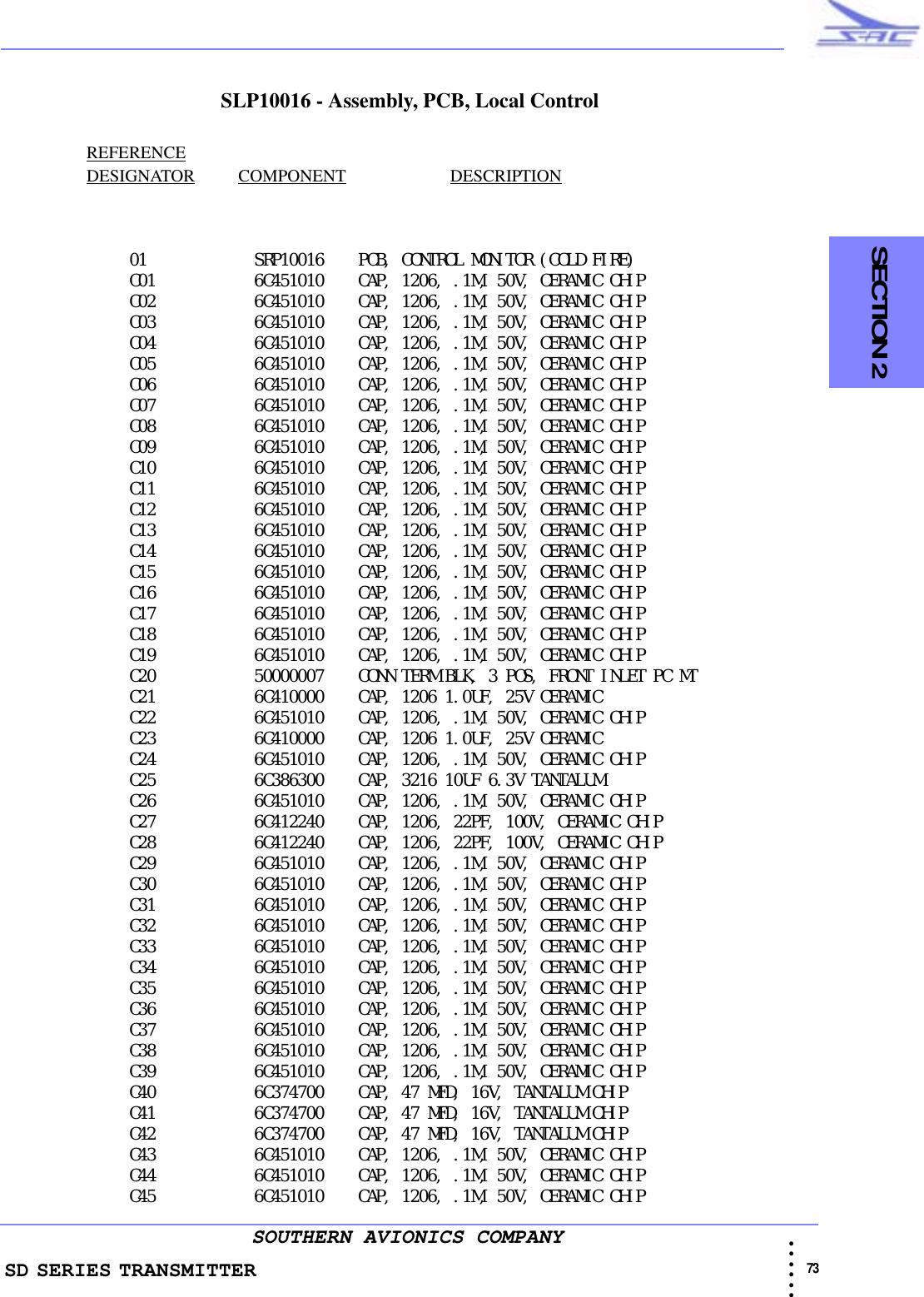 SD SERIES TRANSMITTER                                                                                                                                                                                                73 • • • •••SOUTHERN AVIONICS COMPANY  SECTION 2SLP10016 - Assembly, PCB, Local ControlREFERENCEDESIGNATOR          COMPONENT                        DESCRIPTION01 SRP10016    PCB, CONTROL MONITOR (COLD FIRE)C01 6C451010    CAP, 1206, .1M, 50V, CERAMIC CHIPC02 6C451010    CAP, 1206, .1M, 50V, CERAMIC CHIPC03 6C451010    CAP, 1206, .1M, 50V, CERAMIC CHIPC04 6C451010    CAP, 1206, .1M, 50V, CERAMIC CHIPC05 6C451010    CAP, 1206, .1M, 50V, CERAMIC CHIPC06 6C451010    CAP, 1206, .1M, 50V, CERAMIC CHIPC07 6C451010    CAP, 1206, .1M, 50V, CERAMIC CHIPC08 6C451010    CAP, 1206, .1M, 50V, CERAMIC CHIPC09 6C451010    CAP, 1206, .1M, 50V, CERAMIC CHIPC10 6C451010    CAP, 1206, .1M, 50V, CERAMIC CHIPC11 6C451010    CAP, 1206, .1M, 50V, CERAMIC CHIPC12 6C451010    CAP, 1206, .1M, 50V, CERAMIC CHIPC13 6C451010    CAP, 1206, .1M, 50V, CERAMIC CHIPC14 6C451010    CAP, 1206, .1M, 50V, CERAMIC CHIPC15 6C451010    CAP, 1206, .1M, 50V, CERAMIC CHIPC16 6C451010    CAP, 1206, .1M, 50V, CERAMIC CHIPC17 6C451010    CAP, 1206, .1M, 50V, CERAMIC CHIPC18 6C451010    CAP, 1206, .1M, 50V, CERAMIC CHIPC19 6C451010    CAP, 1206, .1M, 50V, CERAMIC CHIPC20 50000007    CONN TERM BLK, 3 POS, FRONT INLET PC MTC21 6C410000    CAP, 1206 1.0UF, 25V CERAMICC22 6C451010    CAP, 1206, .1M, 50V, CERAMIC CHIPC23 6C410000    CAP, 1206 1.0UF, 25V CERAMICC24 6C451010    CAP, 1206, .1M, 50V, CERAMIC CHIPC25 6C386300    CAP, 3216 10UF 6.3V TANTALUMC26 6C451010    CAP, 1206, .1M, 50V, CERAMIC CHIPC27 6C412240    CAP, 1206, 22PF, 100V, CERAMIC CHIPC28 6C412240    CAP, 1206, 22PF, 100V, CERAMIC CHIPC29 6C451010    CAP, 1206, .1M, 50V, CERAMIC CHIPC30 6C451010    CAP, 1206, .1M, 50V, CERAMIC CHIPC31 6C451010    CAP, 1206, .1M, 50V, CERAMIC CHIPC32 6C451010    CAP, 1206, .1M, 50V, CERAMIC CHIPC33 6C451010    CAP, 1206, .1M, 50V, CERAMIC CHIPC34 6C451010    CAP, 1206, .1M, 50V, CERAMIC CHIPC35 6C451010    CAP, 1206, .1M, 50V, CERAMIC CHIPC36 6C451010    CAP, 1206, .1M, 50V, CERAMIC CHIPC37 6C451010    CAP, 1206, .1M, 50V, CERAMIC CHIPC38 6C451010    CAP, 1206, .1M, 50V, CERAMIC CHIPC39 6C451010    CAP, 1206, .1M, 50V, CERAMIC CHIPC40 6C374700    CAP, 47 MFD, 16V, TANTALUM CHIPC41 6C374700    CAP, 47 MFD, 16V, TANTALUM CHIPC42 6C374700    CAP, 47 MFD, 16V, TANTALUM CHIPC43 6C451010    CAP, 1206, .1M, 50V, CERAMIC CHIPC44 6C451010    CAP, 1206, .1M, 50V, CERAMIC CHIPC45 6C451010    CAP, 1206, .1M, 50V, CERAMIC CHIP
