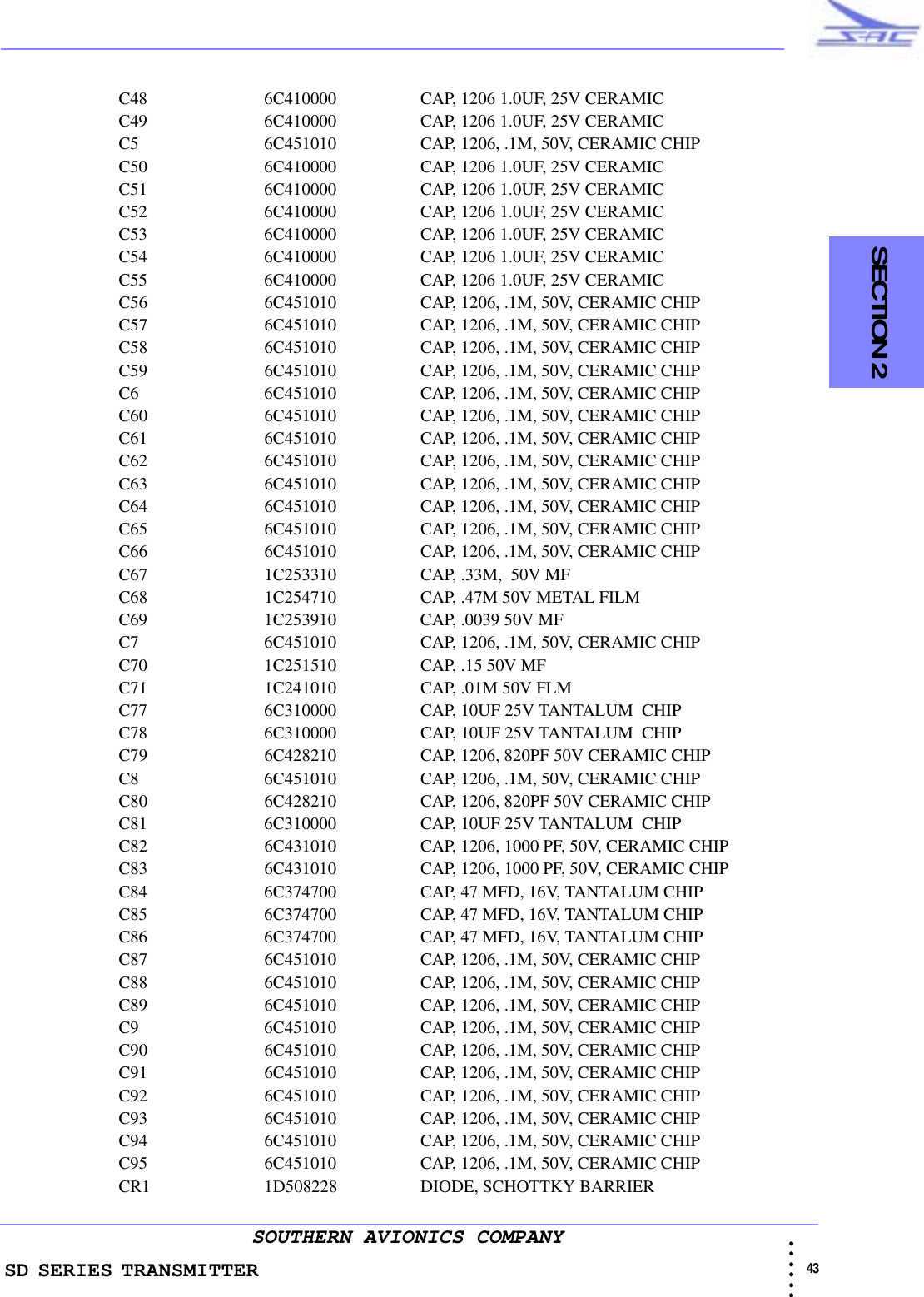 SD SERIES TRANSMITTER                                                                                                                                                                                           43 • • • •••SOUTHERN AVIONICS COMPANY  SECTION 2C48 6C410000 CAP, 1206 1.0UF, 25V CERAMICC49 6C410000 CAP, 1206 1.0UF, 25V CERAMICC5 6C451010 CAP, 1206, .1M, 50V, CERAMIC CHIPC50 6C410000 CAP, 1206 1.0UF, 25V CERAMICC51 6C410000 CAP, 1206 1.0UF, 25V CERAMICC52 6C410000 CAP, 1206 1.0UF, 25V CERAMICC53 6C410000 CAP, 1206 1.0UF, 25V CERAMICC54 6C410000 CAP, 1206 1.0UF, 25V CERAMICC55 6C410000 CAP, 1206 1.0UF, 25V CERAMICC56 6C451010 CAP, 1206, .1M, 50V, CERAMIC CHIPC57 6C451010 CAP, 1206, .1M, 50V, CERAMIC CHIPC58 6C451010 CAP, 1206, .1M, 50V, CERAMIC CHIPC59 6C451010 CAP, 1206, .1M, 50V, CERAMIC CHIPC6 6C451010 CAP, 1206, .1M, 50V, CERAMIC CHIPC60 6C451010 CAP, 1206, .1M, 50V, CERAMIC CHIPC61 6C451010 CAP, 1206, .1M, 50V, CERAMIC CHIPC62 6C451010 CAP, 1206, .1M, 50V, CERAMIC CHIPC63 6C451010 CAP, 1206, .1M, 50V, CERAMIC CHIPC64 6C451010 CAP, 1206, .1M, 50V, CERAMIC CHIPC65 6C451010 CAP, 1206, .1M, 50V, CERAMIC CHIPC66 6C451010 CAP, 1206, .1M, 50V, CERAMIC CHIPC67 1C253310 CAP, .33M,  50V MFC68 1C254710 CAP, .47M 50V METAL FILMC69 1C253910 CAP, .0039 50V MFC7 6C451010 CAP, 1206, .1M, 50V, CERAMIC CHIPC70 1C251510 CAP, .15 50V MFC71 1C241010 CAP, .01M 50V FLMC77 6C310000 CAP, 10UF 25V TANTALUM  CHIPC78 6C310000 CAP, 10UF 25V TANTALUM  CHIPC79 6C428210 CAP, 1206, 820PF 50V CERAMIC CHIPC8 6C451010 CAP, 1206, .1M, 50V, CERAMIC CHIPC80 6C428210 CAP, 1206, 820PF 50V CERAMIC CHIPC81 6C310000 CAP, 10UF 25V TANTALUM  CHIPC82 6C431010 CAP, 1206, 1000 PF, 50V, CERAMIC CHIPC83 6C431010 CAP, 1206, 1000 PF, 50V, CERAMIC CHIPC84 6C374700 CAP, 47 MFD, 16V, TANTALUM CHIPC85 6C374700 CAP, 47 MFD, 16V, TANTALUM CHIPC86 6C374700 CAP, 47 MFD, 16V, TANTALUM CHIPC87 6C451010 CAP, 1206, .1M, 50V, CERAMIC CHIPC88 6C451010 CAP, 1206, .1M, 50V, CERAMIC CHIPC89 6C451010 CAP, 1206, .1M, 50V, CERAMIC CHIPC9 6C451010 CAP, 1206, .1M, 50V, CERAMIC CHIPC90 6C451010 CAP, 1206, .1M, 50V, CERAMIC CHIPC91 6C451010 CAP, 1206, .1M, 50V, CERAMIC CHIPC92 6C451010 CAP, 1206, .1M, 50V, CERAMIC CHIPC93 6C451010 CAP, 1206, .1M, 50V, CERAMIC CHIPC94 6C451010 CAP, 1206, .1M, 50V, CERAMIC CHIPC95 6C451010 CAP, 1206, .1M, 50V, CERAMIC CHIPCR1 1D508228 DIODE, SCHOTTKY BARRIER