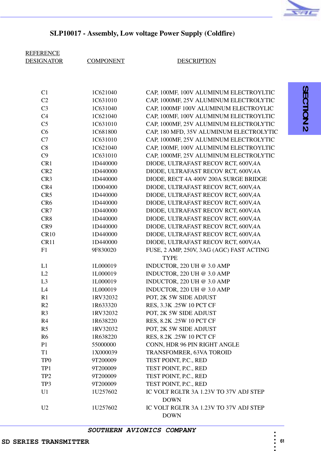 SD SERIES TRANSMITTER                                                                                                                                                                                               61 • • • •••SOUTHERN AVIONICS COMPANY  SECTION 2SLP10017 - Assembly, Low voltage Power Supply (Coldfire)REFERENCEDESIGNATOR                COMPONENT                                   DESCRIPTIONC1 1C621040 CAP, 100MF, 100V ALUMINUM ELECTROYLTICC2 1C631010 CAP, 1000MF, 25V ALUMINUM ELECTROLYTICC3 1C631040 CAP, 1000MF 100V ALUMINUM ELECTROYLICC4 1C621040 CAP, 100MF, 100V ALUMINUM ELECTROYLTICC5 1C631010 CAP, 1000MF, 25V ALUMINUM ELECTROLYTICC6 1C681800 CAP, 180 MFD, 35V ALUMINUM ELECTROLYTICC7 1C631010 CAP, 1000MF, 25V ALUMINUM ELECTROLYTICC8 1C621040 CAP, 100MF, 100V ALUMINUM ELECTROYLTICC9 1C631010 CAP, 1000MF, 25V ALUMINUM ELECTROLYTICCR1 1D440000 DIODE, ULTRAFAST RECOV RCT, 600V,4ACR2 1D440000 DIODE, ULTRAFAST RECOV RCT, 600V,4ACR3 1D440000 DIODE, RECT 4A 400V 200A SURGE BRIDGECR4 1D004000 DIODE, ULTRAFAST RECOV RCT, 600V,4ACR5 1D440000 DIODE, ULTRAFAST RECOV RCT, 600V,4ACR6 1D440000 DIODE, ULTRAFAST RECOV RCT, 600V,4ACR7 1D440000 DIODE, ULTRAFAST RECOV RCT, 600V,4ACR8 1D440000 DIODE, ULTRAFAST RECOV RCT, 600V,4ACR9 1D440000 DIODE, ULTRAFAST RECOV RCT, 600V,4ACR10 1D440000 DIODE, ULTRAFAST RECOV RCT, 600V,4ACR11 1D440000 DIODE, ULTRAFAST RECOV RCT, 600V,4AF1 9F830020 FUSE, 2 AMP, 250V, 3AG (AGC) FAST ACTING                                                                                                            TYPEL1 1L000019 INDUCTOR, 220 UH @ 3.0 AMPL2 1L000019 INDUCTOR, 220 UH @ 3.0 AMPL3 1L000019 INDUCTOR, 220 UH @ 3.0 AMPL4 1L000019 INDUCTOR, 220 UH @ 3.0 AMPR1 1RV32032 POT, 2K 5W SIDE ADJUSTR2 1R633320 RES, 3.3K .25W 10 PCT CFR3 1RV32032 POT, 2K 5W SIDE ADJUSTR4 1R638220 RES, 8.2K .25W 10 PCT CFR5 1RV32032 POT, 2K 5W SIDE ADJUSTR6 1R638220 RES, 8.2K .25W 10 PCT CFP1 55000000 CONN, HDR 96 PIN RIGHT ANGLET1 1X000039 TRANSFOMRER, 63VA TOROIDTP0 9T200009 TEST POINT, P.C., REDTP1 9T200009 TEST POINT, P.C., REDTP2 9T200009 TEST POINT, P.C., REDTP3 9T200009 TEST POINT, P.C., REDU1 1U257602 IC VOLT RGLTR 3A 1.23V TO 37V ADJ STEP                                                                                                            DOWNU2 1U257602 IC VOLT RGLTR 3A 1.23V TO 37V ADJ STEP                                                                                                            DOWN