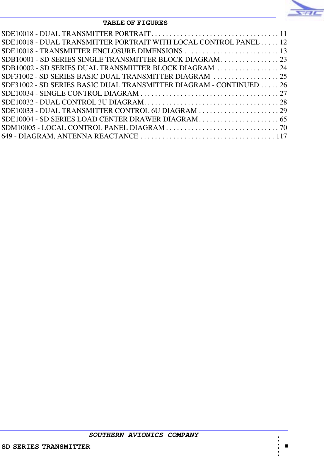 SD SERIES TRANSMITTER                                                                                                                                                                                                iii • • • •••SOUTHERN AVIONICS COMPANYTABLE   OF   FIGURES                                                                                                                         SDE10018 - DUAL TRANSMITTER PORTRAIT. . . . . . . . . . . . . . . . . . . . . . . . . . . . . . . . . . . 11SDE10018 - DUAL TRANSMITTER PORTRAIT WITH LOCAL CONTROL PANEL . . . . . 12SDE10018 - TRANSMITTER ENCLOSURE DIMENSIONS . . . . . . . . . . . . . . . . . . . . . . . . . . 13SDB10001 - SD SERIES SINGLE TRANSMITTER BLOCK DIAGRAM. . . . . . . . . . . . . . . . 23SDB10002 - SD SERIES DUAL TRANSMITTER BLOCK DIAGRAM  . . . . . . . . . . . . . . . . . 24SDF31002 - SD SERIES BASIC DUAL TRANSMITTER DIAGRAM  . . . . . . . . . . . . . . . . . . 25SDF31002 - SD SERIES BASIC DUAL TRANSMITTER DIAGRAM - CONTINUED . . . . . 26SDE10034 - SINGLE CONTROL DIAGRAM . . . . . . . . . . . . . . . . . . . . . . . . . . . . . . . . . . . . . . 27SDE10032 - DUAL CONTROL 3U DIAGRAM. . . . . . . . . . . . . . . . . . . . . . . . . . . . . . . . . . . . . 28SDE10033 - DUAL TRANSMITTER CONTROL 6U DIAGRAM . . . . . . . . . . . . . . . . . . . . . . 29SDE10004 - SD SERIES LOAD CENTER DRAWER DIAGRAM. . . . . . . . . . . . . . . . . . . . . . 65SDM10005 - LOCAL CONTROL PANEL DIAGRAM . . . . . . . . . . . . . . . . . . . . . . . . . . . . . . . 70649 - DIAGRAM, ANTENNA REACTANCE . . . . . . . . . . . . . . . . . . . . . . . . . . . . . . . . . . . . . 117