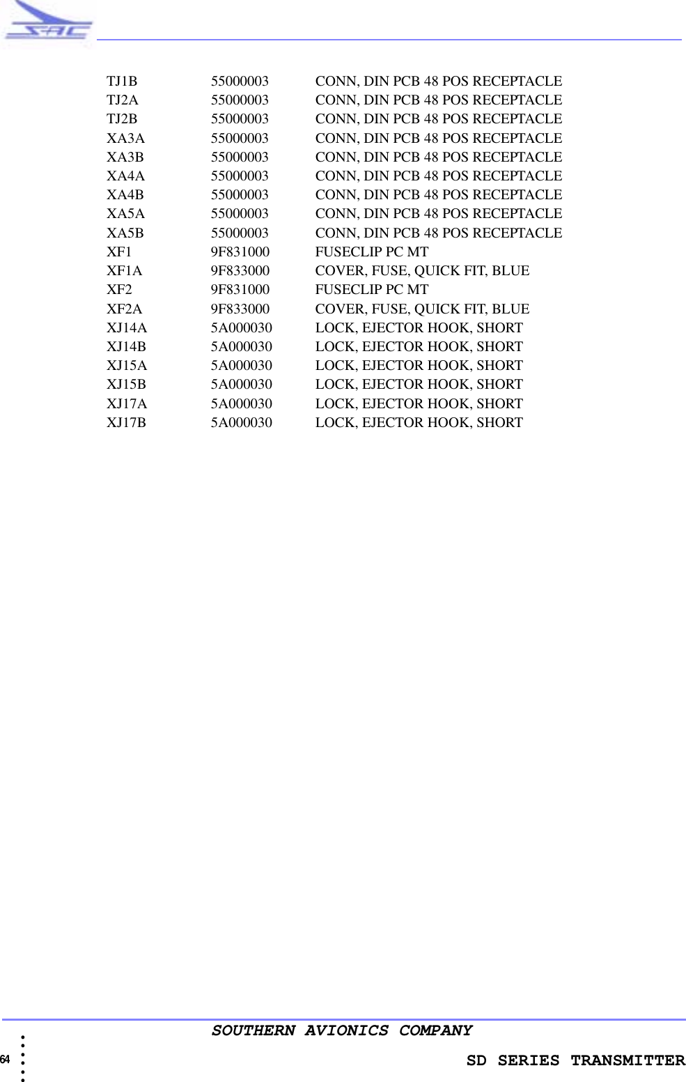                   SD SERIES TRANSMITTER64  • • • •••SOUTHERN AVIONICS COMPANYTJ1B 55000003     CONN, DIN PCB 48 POS RECEPTACLETJ2A 55000003     CONN, DIN PCB 48 POS RECEPTACLETJ2B 55000003     CONN, DIN PCB 48 POS RECEPTACLEXA3A 55000003     CONN, DIN PCB 48 POS RECEPTACLEXA3B 55000003     CONN, DIN PCB 48 POS RECEPTACLEXA4A 55000003     CONN, DIN PCB 48 POS RECEPTACLEXA4B 55000003     CONN, DIN PCB 48 POS RECEPTACLEXA5A 55000003     CONN, DIN PCB 48 POS RECEPTACLEXA5B 55000003     CONN, DIN PCB 48 POS RECEPTACLEXF1 9F831000     FUSECLIP PC MTXF1A 9F833000     COVER, FUSE, QUICK FIT, BLUEXF2 9F831000     FUSECLIP PC MTXF2A 9F833000     COVER, FUSE, QUICK FIT, BLUEXJ14A 5A000030     LOCK, EJECTOR HOOK, SHORTXJ14B 5A000030     LOCK, EJECTOR HOOK, SHORTXJ15A 5A000030     LOCK, EJECTOR HOOK, SHORTXJ15B 5A000030     LOCK, EJECTOR HOOK, SHORTXJ17A 5A000030     LOCK, EJECTOR HOOK, SHORTXJ17B 5A000030     LOCK, EJECTOR HOOK, SHORT