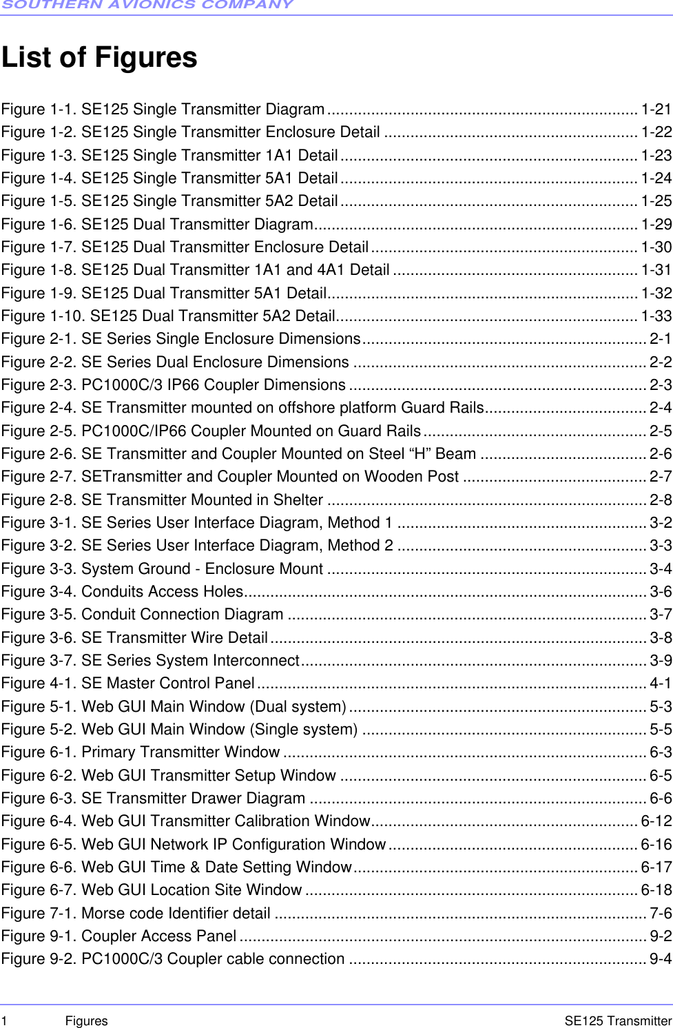 SOUTHERN AVIONICS COMPANYSE125 Transmitter1 FiguresList of FiguresFigure 1-1. SE125 Single Transmitter Diagram.......................................................................1-21Figure 1-2. SE125 Single Transmitter Enclosure Detail .......................................................... 1-22Figure 1-3. SE125 Single Transmitter 1A1 Detail.................................................................... 1-23Figure 1-4. SE125 Single Transmitter 5A1 Detail.................................................................... 1-24Figure 1-5. SE125 Single Transmitter 5A2 Detail.................................................................... 1-25Figure 1-6. SE125 Dual Transmitter Diagram.......................................................................... 1-29Figure 1-7. SE125 Dual Transmitter Enclosure Detail............................................................. 1-30Figure 1-8. SE125 Dual Transmitter 1A1 and 4A1 Detail ........................................................ 1-31Figure 1-9. SE125 Dual Transmitter 5A1 Detail....................................................................... 1-32Figure 1-10. SE125 Dual Transmitter 5A2 Detail..................................................................... 1-33Figure 2-1. SE Series Single Enclosure Dimensions................................................................. 2-1Figure 2-2. SE Series Dual Enclosure Dimensions ................................................................... 2-2Figure 2-3. PC1000C/3 IP66 Coupler Dimensions .................................................................... 2-3Figure 2-4. SE Transmitter mounted on offshore platform Guard Rails.....................................2-4Figure 2-5. PC1000C/IP66 Coupler Mounted on Guard Rails................................................... 2-5Figure 2-6. SE Transmitter and Coupler Mounted on Steel “H” Beam ...................................... 2-6Figure 2-7. SETransmitter and Coupler Mounted on Wooden Post ..........................................2-7Figure 2-8. SE Transmitter Mounted in Shelter .........................................................................2-8Figure 3-1. SE Series User Interface Diagram, Method 1 ......................................................... 3-2Figure 3-2. SE Series User Interface Diagram, Method 2 ......................................................... 3-3Figure 3-3. System Ground - Enclosure Mount ......................................................................... 3-4Figure 3-4. Conduits Access Holes............................................................................................ 3-6Figure 3-5. Conduit Connection Diagram .................................................................................. 3-7Figure 3-6. SE Transmitter Wire Detail...................................................................................... 3-8Figure 3-7. SE Series System Interconnect............................................................................... 3-9Figure 4-1. SE Master Control Panel.........................................................................................4-1Figure 5-1. Web GUI Main Window (Dual system)....................................................................5-3Figure 5-2. Web GUI Main Window (Single system) .................................................................5-5Figure 6-1. Primary Transmitter Window ...................................................................................6-3Figure 6-2. Web GUI Transmitter Setup Window ...................................................................... 6-5Figure 6-3. SE Transmitter Drawer Diagram .............................................................................6-6Figure 6-4. Web GUI Transmitter Calibration Window............................................................. 6-12Figure 6-5. Web GUI Network IP Configuration Window......................................................... 6-16Figure 6-6. Web GUI Time &amp; Date Setting Window................................................................. 6-17Figure 6-7. Web GUI Location Site Window ............................................................................6-18Figure 7-1. Morse code Identifier detail ..................................................................................... 7-6Figure 9-1. Coupler Access Panel ............................................................................................. 9-2Figure 9-2. PC1000C/3 Coupler cable connection ....................................................................9-4