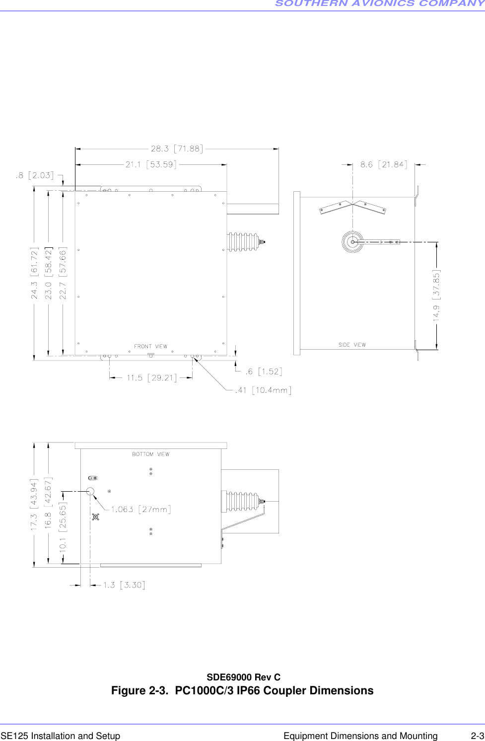 SOUTHERN AVIONICS COMPANYSE125 Installation and Setup  2-3Equipment Dimensions and Mounting SDE69000 Rev CFigure 2-3.  PC1000C/3 IP66 Coupler Dimensions 