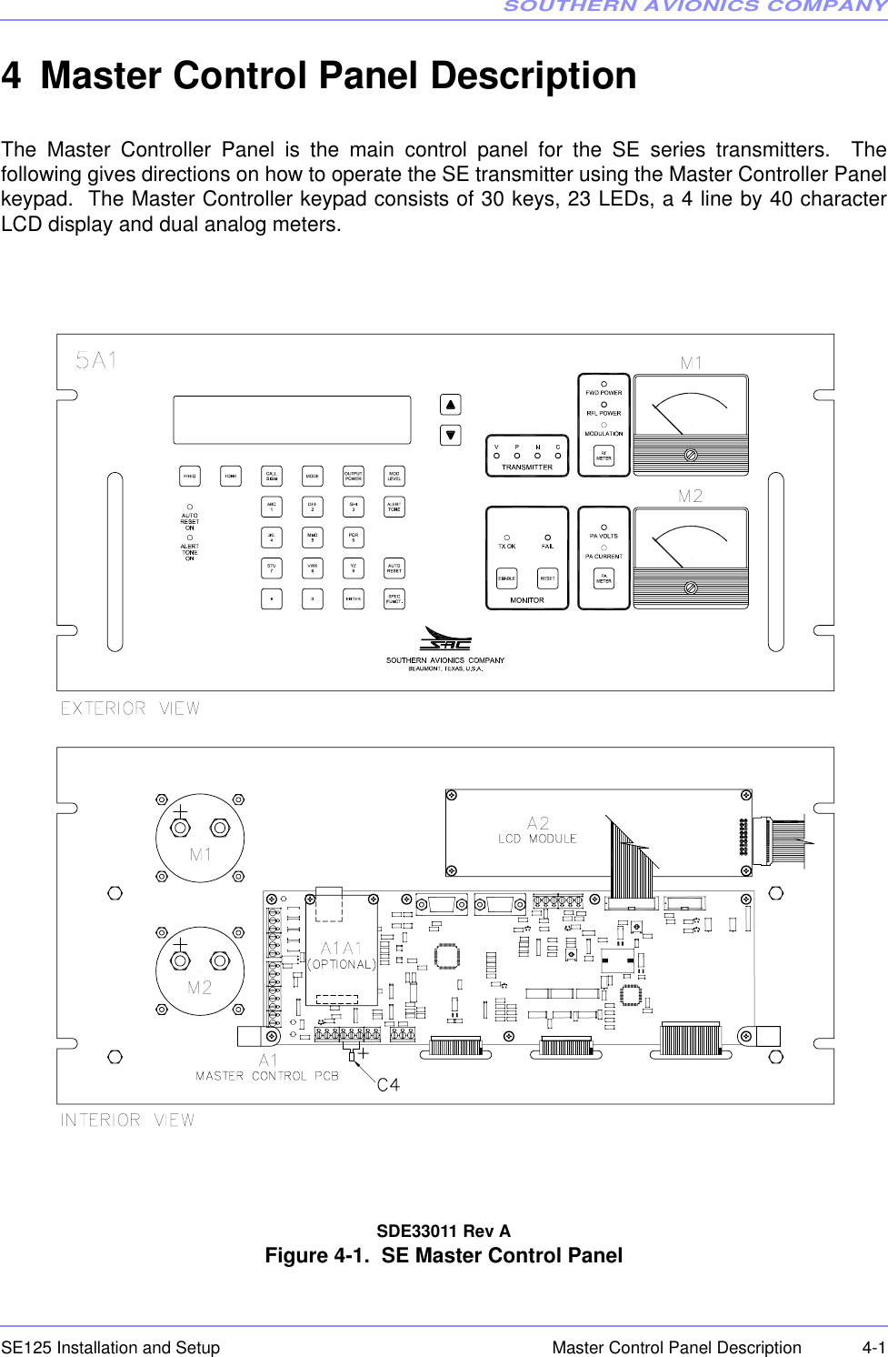 SOUTHERN AVIONICS COMPANYSE125 Installation and Setup  4-1Master Control Panel Description4 Master Control Panel Description The Master Controller Panel is the main control panel for the SE series transmitters.  Thefollowing gives directions on how to operate the SE transmitter using the Master Controller Panelkeypad.  The Master Controller keypad consists of 30 keys, 23 LEDs, a 4 line by 40 characterLCD display and dual analog meters.SDE33011 Rev AFigure 4-1.  SE Master Control Panel 