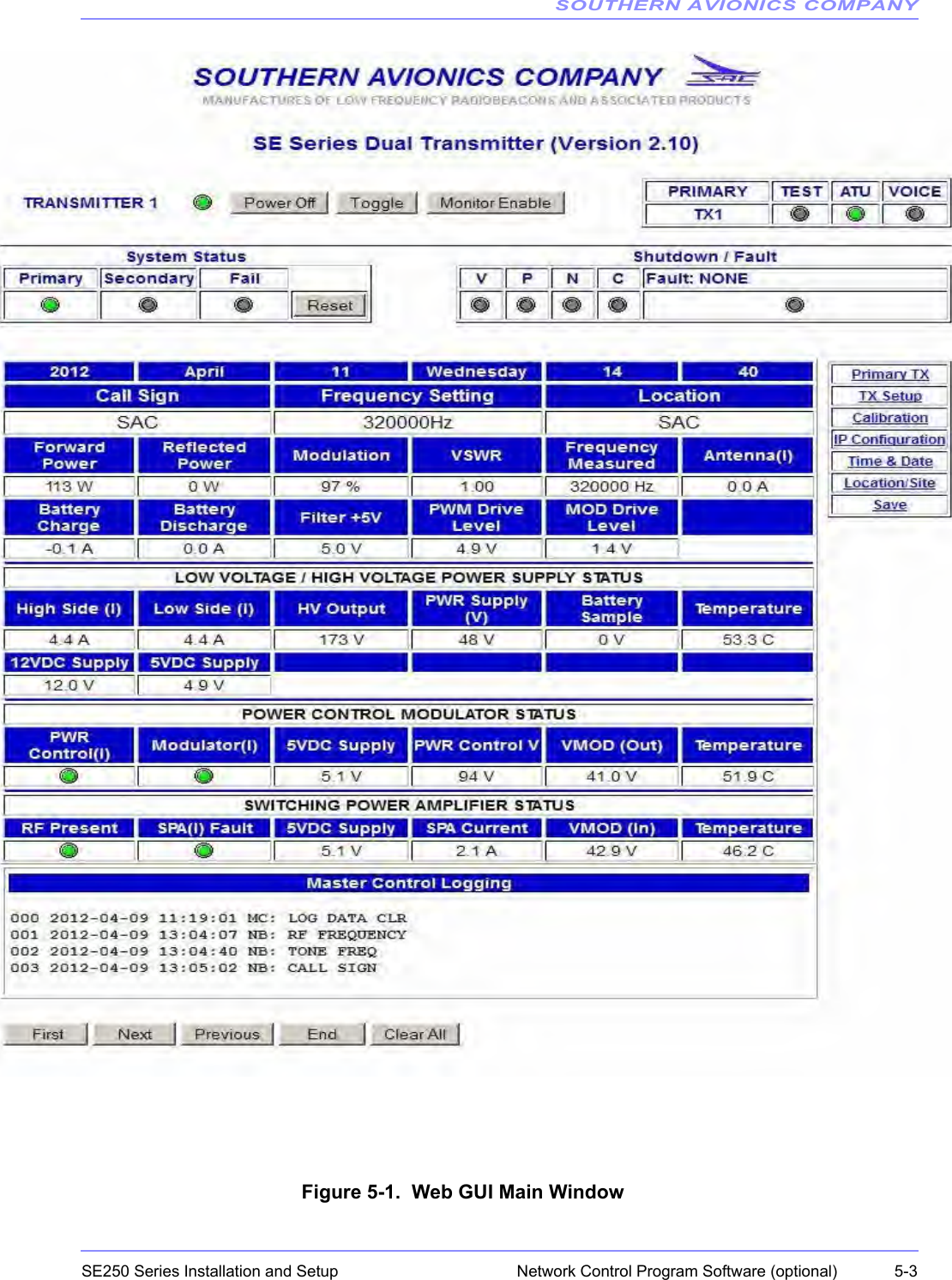 SOUTHERN AVIONICS COMPANYSE250 Series Installation and Setup  5-3Network Control Program Software (optional)Figure 5-1.  Web GUI Main Window 