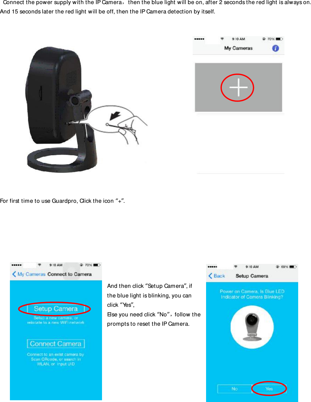  Connect the power supply with the IP Camera，then the blue light will be on, after 2 seconds the red light is always on. And 15 seconds later the red light will be off, then the IP Camera detection by itself.                     For first time to use Guardpro, Click the icon “+”.         And then click “Setup Camera”, if the blue light is blinking, you can click “Yes”, Else you need click “No”，follow the prompts to reset the IP Camera.            