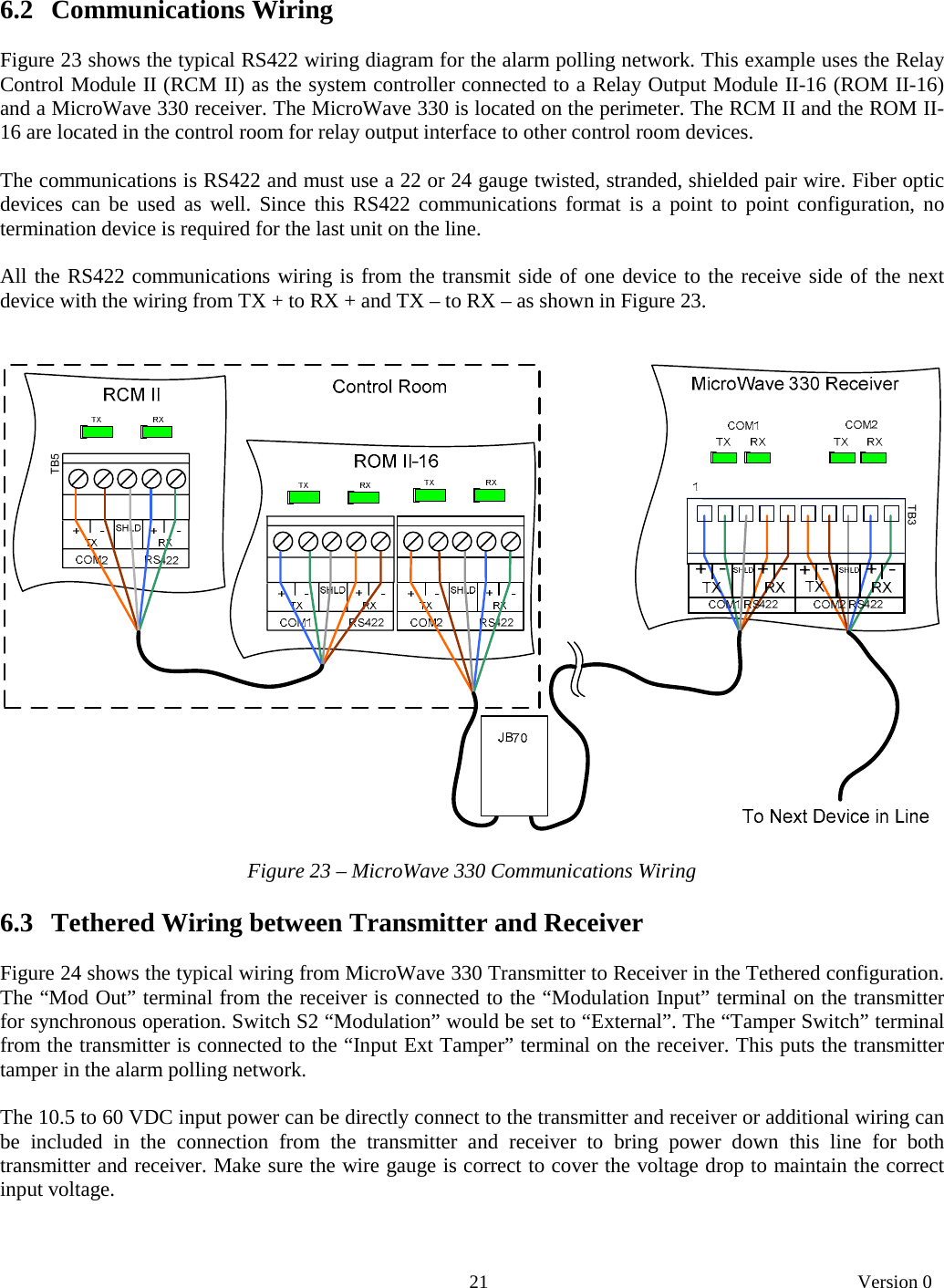       21   Version 0  6.2   Communications Wiring  Figure 23 shows the typical RS422 wiring diagram for the alarm polling network. This example uses the Relay Control Module II (RCM II) as the system controller connected to a Relay Output Module II-16 (ROM II-16) and a MicroWave 330 receiver. The MicroWave 330 is located on the perimeter. The RCM II and the ROM II-16 are located in the control room for relay output interface to other control room devices.   The communications is RS422 and must use a 22 or 24 gauge twisted, stranded, shielded pair wire. Fiber optic devices can be used as well. Since this RS422 communications format is a point to point configuration, no termination device is required for the last unit on the line.  All the RS422 communications wiring is from the transmit side of one device to the receive side of the next device with the wiring from TX + to RX + and TX – to RX – as shown in Figure 23.    TB5TB3  Figure 23 – MicroWave 330 Communications Wiring   6.3   Tethered Wiring between Transmitter and Receiver  Figure 24 shows the typical wiring from MicroWave 330 Transmitter to Receiver in the Tethered configuration. The “Mod Out” terminal from the receiver is connected to the “Modulation Input” terminal on the transmitter for synchronous operation. Switch S2 “Modulation” would be set to “External”. The “Tamper Switch” terminal from the transmitter is connected to the “Input Ext Tamper” terminal on the receiver. This puts the transmitter tamper in the alarm polling network.  The 10.5 to 60 VDC input power can be directly connect to the transmitter and receiver or additional wiring can be included in the connection from the transmitter and receiver to bring power down this line for both transmitter and receiver. Make sure the wire gauge is correct to cover the voltage drop to maintain the correct input voltage.   