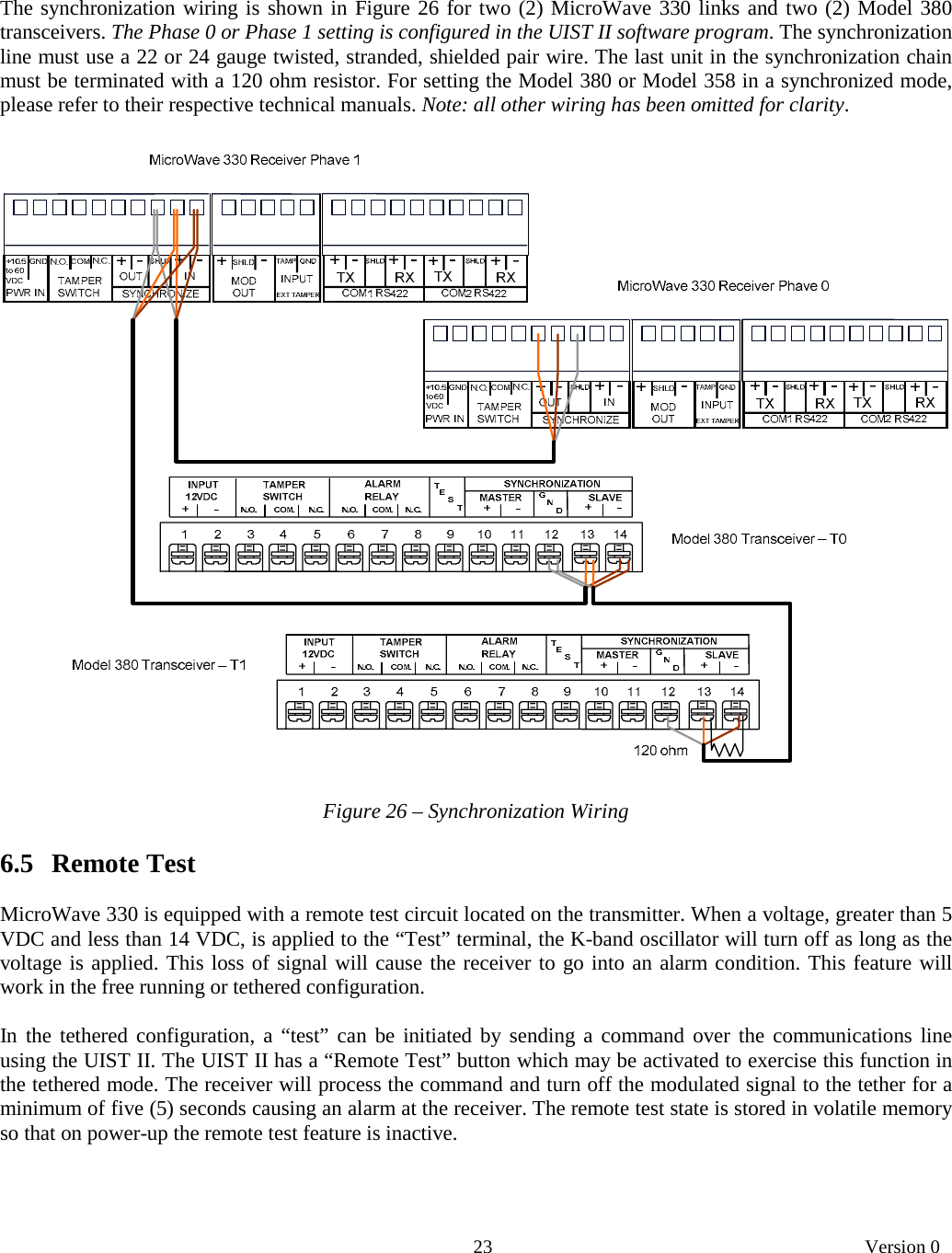       23   Version 0    The synchronization wiring is shown in Figure 26 for two (2) MicroWave 330 links and two (2) Model 380 transceivers. The Phase 0 or Phase 1 setting is configured in the UIST II software program. The synchronization line must use a 22 or 24 gauge twisted, stranded, shielded pair wire. The last unit in the synchronization chain must be terminated with a 120 ohm resistor. For setting the Model 380 or Model 358 in a synchronized mode, please refer to their respective technical manuals. Note: all other wiring has been omitted for clarity.    Figure 26 – Synchronization Wiring  6.5   Remote Test   MicroWave 330 is equipped with a remote test circuit located on the transmitter. When a voltage, greater than 5 VDC and less than 14 VDC, is applied to the “Test” terminal, the K-band oscillator will turn off as long as the voltage is applied. This loss of signal will cause the receiver to go into an alarm condition. This feature will work in the free running or tethered configuration.  In the tethered configuration, a “test” can be initiated by sending a command over the communications line using the UIST II. The UIST II has a “Remote Test” button which may be activated to exercise this function in the tethered mode. The receiver will process the command and turn off the modulated signal to the tether for a minimum of five (5) seconds causing an alarm at the receiver. The remote test state is stored in volatile memory so that on power-up the remote test feature is inactive.    