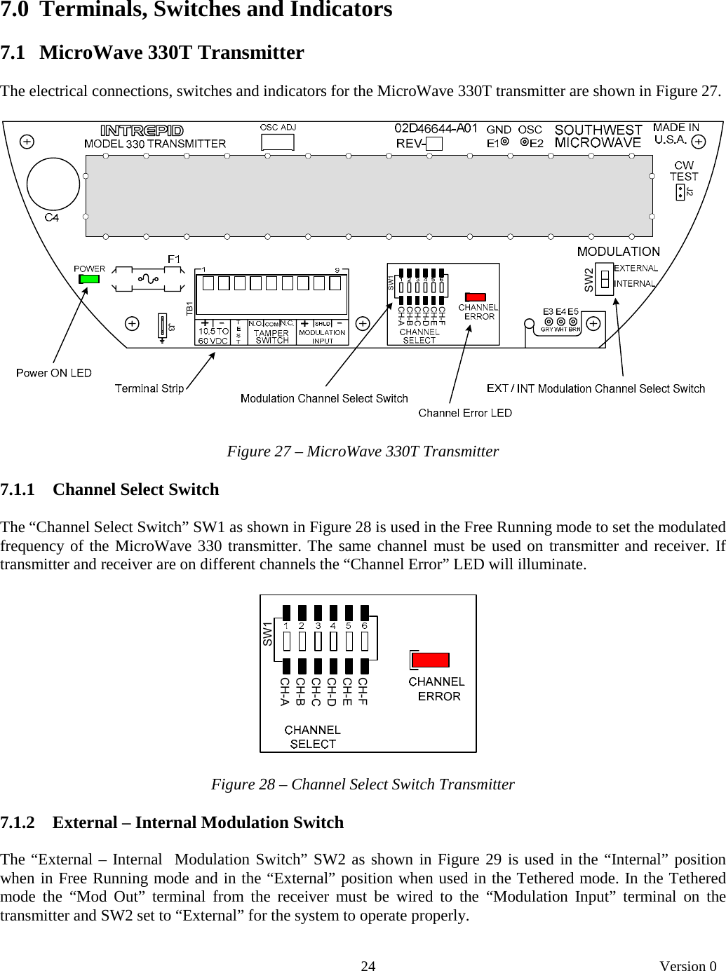       24   Version 0   7.0  Terminals, Switches and Indicators  7.1   MicroWave 330T Transmitter  The electrical connections, switches and indicators for the MicroWave 330T transmitter are shown in Figure 27.  SW1CH-BCH-CSW2CH-ECH-AJ3CH-DTB1J2CH-F  Figure 27 – MicroWave 330T Transmitter  7.1.1   Channel Select Switch  The “Channel Select Switch” SW1 as shown in Figure 28 is used in the Free Running mode to set the modulated frequency of the MicroWave 330 transmitter. The same channel must be used on transmitter and receiver. If transmitter and receiver are on different channels the “Channel Error” LED will illuminate.   SW1CH-BCH-CCH-ECH-ACH-DCH-F  Figure 28 – Channel Select Switch Transmitter  7.1.2   External – Internal Modulation Switch  The “External – Internal  Modulation Switch” SW2 as shown in Figure 29 is used in the “Internal” position when in Free Running mode and in the “External” position when used in the Tethered mode. In the Tethered mode the “Mod Out” terminal from the receiver must be wired to the “Modulation Input” terminal on the transmitter and SW2 set to “External” for the system to operate properly.  