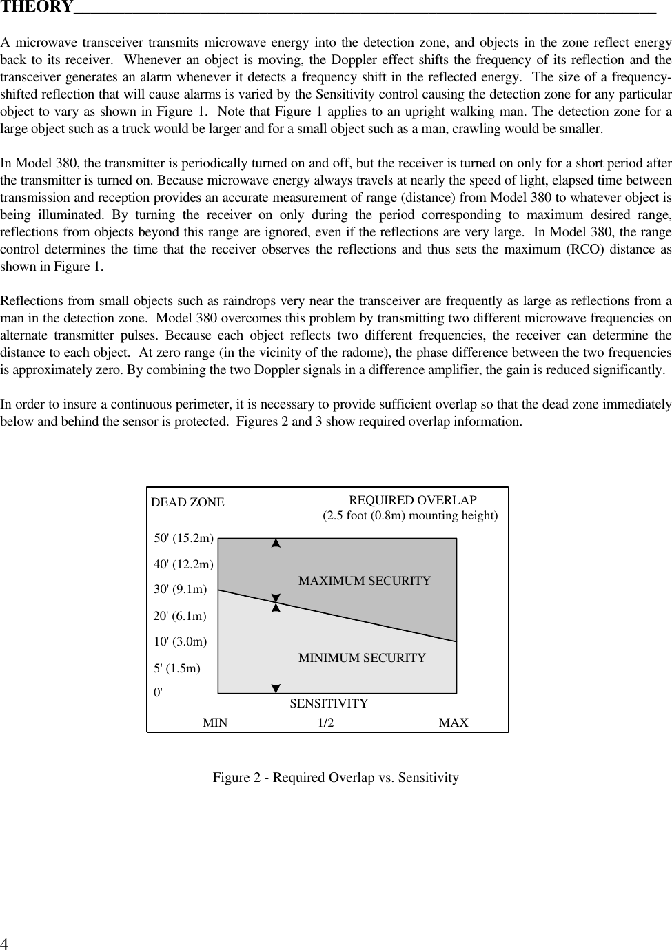 4THEORY_____________________________________________________________________A microwave transceiver transmits microwave energy into the detection zone, and objects in the zone reflect energyback to its receiver.  Whenever an object is moving, the Doppler effect shifts the frequency of its reflection and thetransceiver generates an alarm whenever it detects a frequency shift in the reflected energy.  The size of a frequency-shifted reflection that will cause alarms is varied by the Sensitivity control causing the detection zone for any particularobject to vary as shown in Figure 1.  Note that Figure 1 applies to an upright walking man. The detection zone for alarge object such as a truck would be larger and for a small object such as a man, crawling would be smaller.In Model 380, the transmitter is periodically turned on and off, but the receiver is turned on only for a short period afterthe transmitter is turned on. Because microwave energy always travels at nearly the speed of light, elapsed time betweentransmission and reception provides an accurate measurement of range (distance) from Model 380 to whatever object isbeing illuminated. By turning the receiver on only during the period corresponding to maximum desired range,reflections from objects beyond this range are ignored, even if the reflections are very large.  In Model 380, the rangecontrol determines the time that the receiver observes the reflections and thus sets the maximum (RCO) distance asshown in Figure 1.Reflections from small objects such as raindrops very near the transceiver are frequently as large as reflections from aman in the detection zone.  Model 380 overcomes this problem by transmitting two different microwave frequencies onalternate transmitter pulses. Because each object reflects two different frequencies, the receiver can determine thedistance to each object.  At zero range (in the vicinity of the radome), the phase difference between the two frequenciesis approximately zero. By combining the two Doppler signals in a difference amplifier, the gain is reduced significantly.In order to insure a continuous perimeter, it is necessary to provide sufficient overlap so that the dead zone immediatelybelow and behind the sensor is protected.  Figures 2 and 3 show required overlap information.Figure 2 - Required Overlap vs. SensitivityMIN 1/2 MAXDEAD ZONESENSITIVITYREQUIRED OVERLAP(2.5 foot (0.8m) mounting height)40&apos; (12.2m)30&apos; (9.1m)20&apos; (6.1m)10&apos; (3.0m)5&apos; (1.5m)0&apos;50&apos; (15.2m)MAXIMUM SECURITYMINIMUM SECURITY