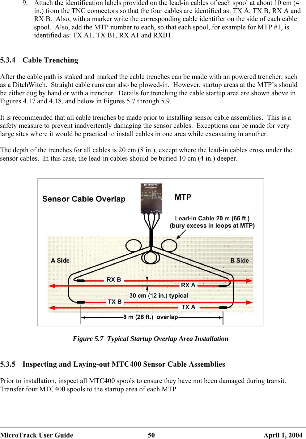  9.  Attach the identification labels provided on the lead-in cables of each spool at about 10 cm (4 in.) from the TNC connectors so that the four cables are identified as: TX A, TX B, RX A and RX B.  Also, with a marker write the corresponding cable identifier on the side of each cable spool.  Also, add the MTP number to each, so that each spool, for example for MTP #1, is identified as: TX A1, TX B1, RX A1 and RXB1.   5.3.4 Cable Trenching  After the cable path is staked and marked the cable trenches can be made with an powered trencher, such as a DitchWitch.  Straight cable runs can also be plowed-in.  However, startup areas at the MTP’s should be either dug by hand or with a trencher.  Details for trenching the cable startup area are shown above in Figures 4.17 and 4.18, and below in Figures 5.7 through 5.9.  It is recommended that all cable trenches be made prior to installing sensor cable assemblies.  This is a safety measure to prevent inadvertently damaging the sensor cables.  Exceptions can be made for very large sites where it would be practical to install cables in one area while excavating in another.  The depth of the trenches for all cables is 20 cm (8 in.), except where the lead-in cables cross under the sensor cables.  In this case, the lead-in cables should be buried 10 cm (4 in.) deeper.     Figure 5.7  Typical Startup Overlap Area Installation   5.3.5  Inspecting and Laying-out MTC400 Sensor Cable Assemblies  Prior to installation, inspect all MTC400 spools to ensure they have not been damaged during transit.  Transfer four MTC400 spools to the startup area of each MTP.  MicroTrack User Guide  50  April 1, 2004 