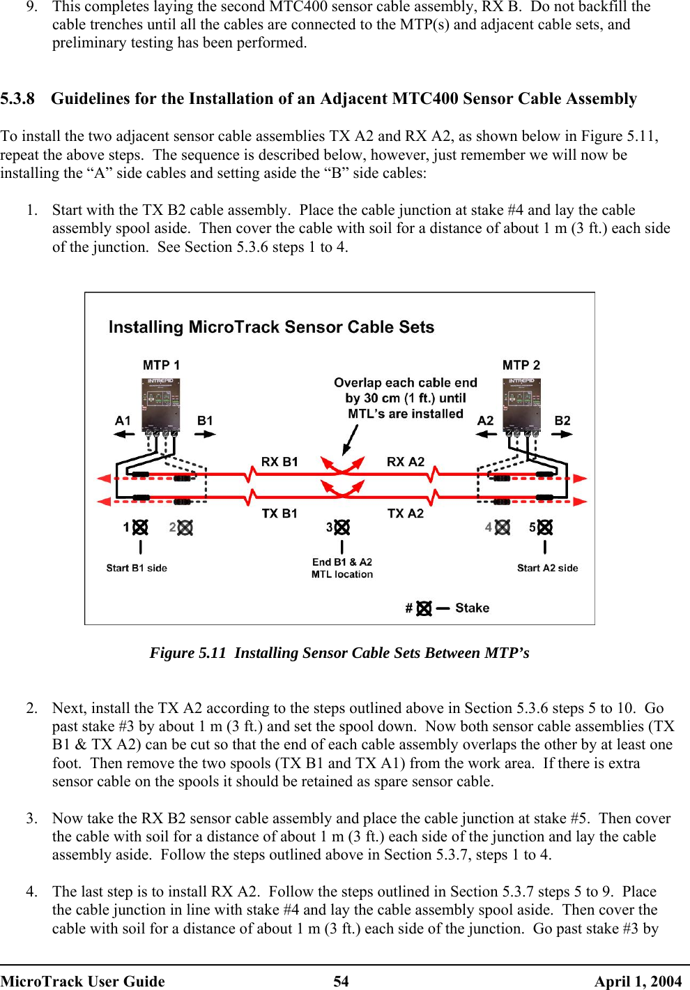  9.  This completes laying the second MTC400 sensor cable assembly, RX B.  Do not backfill the cable trenches until all the cables are connected to the MTP(s) and adjacent cable sets, and preliminary testing has been performed.   5.3.8  Guidelines for the Installation of an Adjacent MTC400 Sensor Cable Assembly  To install the two adjacent sensor cable assemblies TX A2 and RX A2, as shown below in Figure 5.11, repeat the above steps.  The sequence is described below, however, just remember we will now be installing the “A” side cables and setting aside the “B” side cables:  1.  Start with the TX B2 cable assembly.  Place the cable junction at stake #4 and lay the cable assembly spool aside.  Then cover the cable with soil for a distance of about 1 m (3 ft.) each side of the junction.  See Section 5.3.6 steps 1 to 4.     Figure 5.11  Installing Sensor Cable Sets Between MTP’s   2.  Next, install the TX A2 according to the steps outlined above in Section 5.3.6 steps 5 to 10.  Go past stake #3 by about 1 m (3 ft.) and set the spool down.  Now both sensor cable assemblies (TX B1 &amp; TX A2) can be cut so that the end of each cable assembly overlaps the other by at least one foot.  Then remove the two spools (TX B1 and TX A1) from the work area.  If there is extra sensor cable on the spools it should be retained as spare sensor cable.  3.  Now take the RX B2 sensor cable assembly and place the cable junction at stake #5.  Then cover the cable with soil for a distance of about 1 m (3 ft.) each side of the junction and lay the cable assembly aside.  Follow the steps outlined above in Section 5.3.7, steps 1 to 4.  4.  The last step is to install RX A2.  Follow the steps outlined in Section 5.3.7 steps 5 to 9.  Place the cable junction in line with stake #4 and lay the cable assembly spool aside.  Then cover the cable with soil for a distance of about 1 m (3 ft.) each side of the junction.  Go past stake #3 by MicroTrack User Guide  54  April 1, 2004 