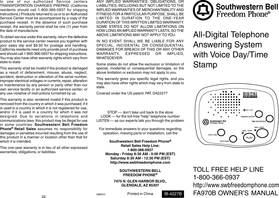 Page 1 of 8 - Southwestern-Bell Southwestern-Bell-Freedom-Phone-Fa970B-Users-Manual- FA970S  Southwestern-bell-freedom-phone-fa970b-users-manual