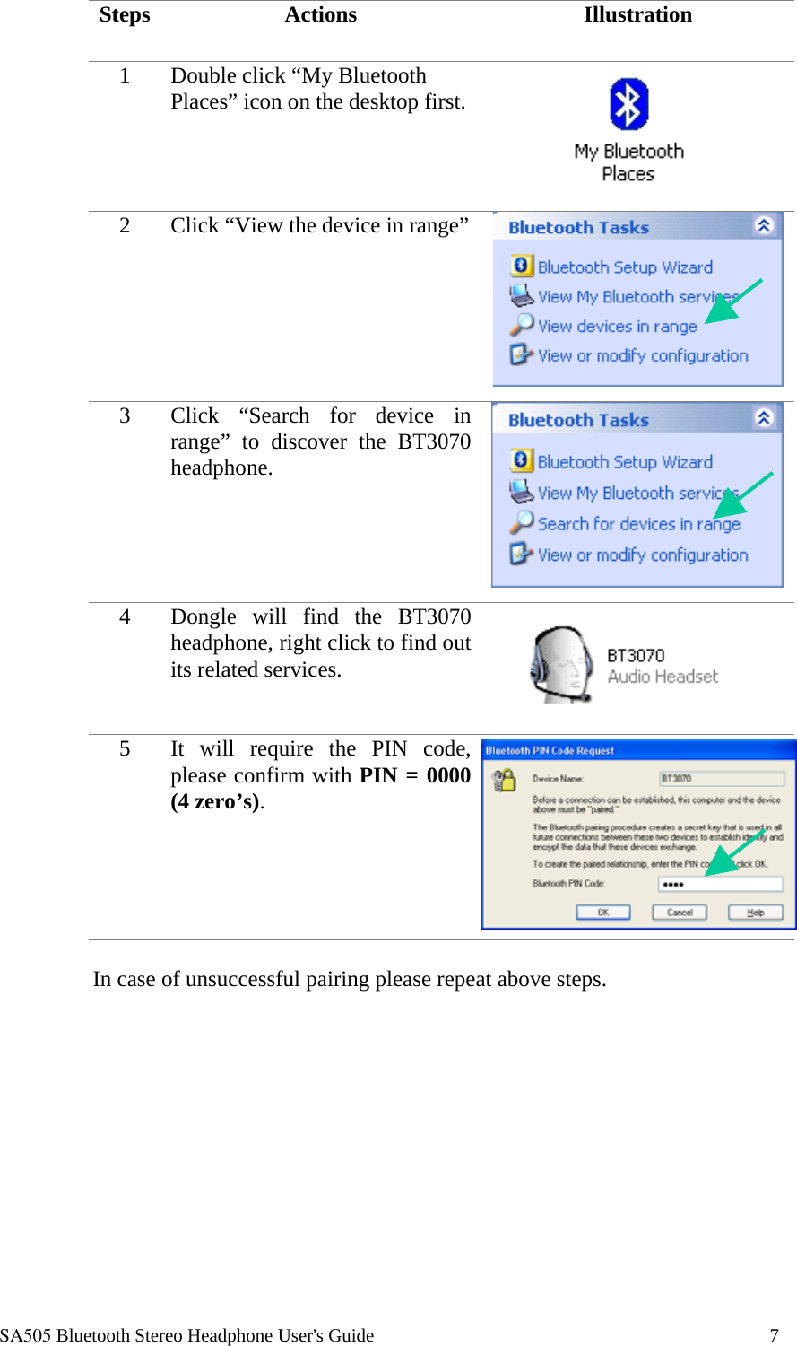  SA505 Bluetooth Stereo Headphone User's Guide                                                                                    7  Steps Actions  Illustration 1  Double click &ldquo;My Bluetooth Places&rdquo; icon on the desktop first.  2  Click &ldquo;View the device in range&rdquo;  3  Click &ldquo;Search for device in range&rdquo; to discover the BT3070 headphone.   4  Dongle will find the BT3070 headphone, right click to find out its related services.  5  It will require the PIN code, please confirm with PIN = 0000 (4 zero&rsquo;s).   In case of unsuccessful pairing please repeat above steps.  