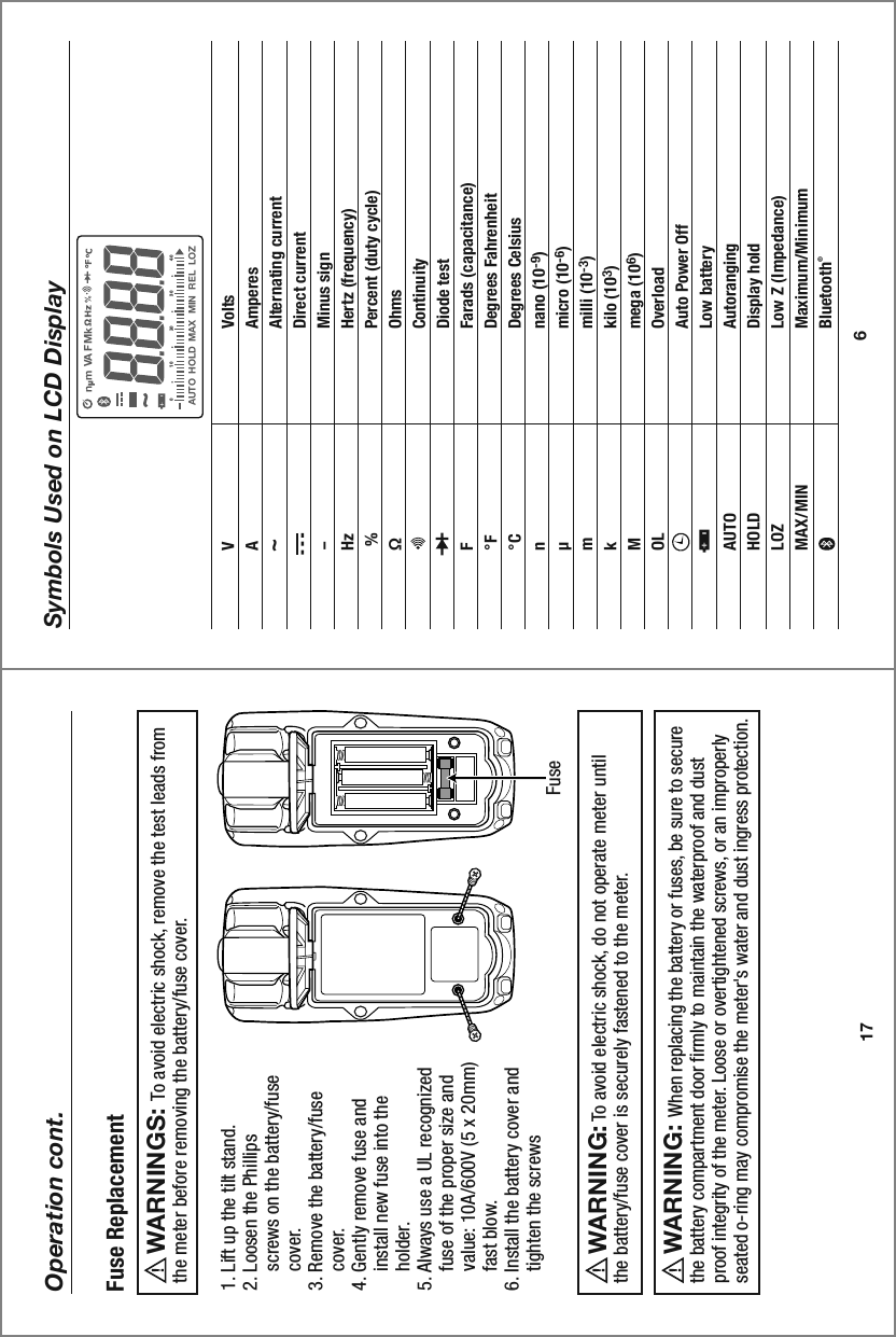 17Operation cont.1. Lift up the tilt stand.2. Loosen the Phillips     screws on the battery/fuse     cover.3. Remove the battery/fuse     cover.4. Gently remove fuse and     install new fuse into the     holder. 5. Always use a UL recognized     fuse of the proper size and     value: 10A/600V (5 x 20mm)     fast blow.6. Install the battery cover and     tighten the screws     To avoid electric shock, do not operate meter until the battery/fuse cover is securely fastened to the meter.WARNING:         To avoid electric shock, remove the test leads from the meter before removing the battery/fuse cover.WARNINGS: Fuse ReplacementFuse      When replacing the battery or fuses, be sure to secure the battery compartment door firmly to maintain the waterproof and dust proof integrity of the meter. Loose or overtightened screws, or an improperly seated o-ring may compromise the meter&apos;s water and dust ingress protection.WARNING:6Symbols Used on LCD DisplayVA~-Hz %£F°F°C nµm kM OL  AUTOHOLDLOZMAX/MINVoltsAmperesAlternating currentDirect currentMinus signHertz (frequency)Percent (duty cycle)OhmsContinuityDiode testFarads (capacitance)Degrees Fahrenheit                   Degrees Celsiusnano (10-9) micro (10-6)milli (10-3) kilo (103) mega (106)Overload Auto Power OffLow batteryAutorangingDisplay holdLow Z (Impedance)Maximum/MinimumBluetooth®n  m VA F M kAUTO  HOLD   MAX  MIN   REL   LOZ0 10 20 30 40