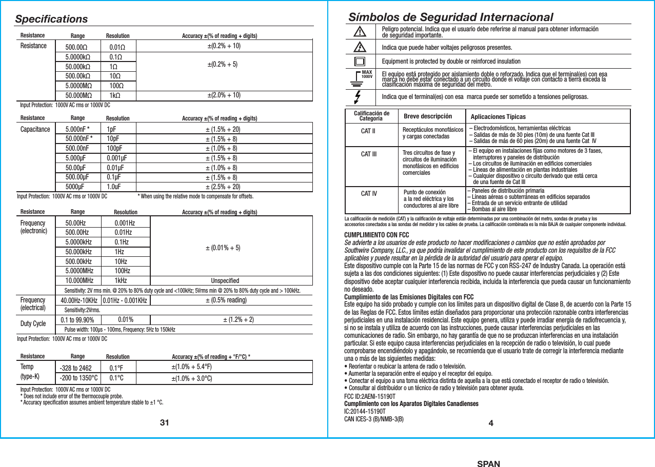 SPAN31Speciﬁcations500.00Ω5.0000kΩ50.000kΩ500.00kΩ5.0000MΩ50.000MΩ±(0.2% + 10)±(0.2% + 5)±(2.0% + 10)0.01Ω0.1Ω1Ω10Ω100Ω1kΩResistanceResistance Range  ResolutionInput Protection:  1000V AC rms or 1000V DCAccuracy ±(% of reading + digits)-328 to 2462-200 to 1350°C ±(1.0% + 5.4°F)±(1.0% + 3.0°C)  0.1°F0.1°CTemp (type-K)Resistance Range  ResolutionInput Protection:  1000V AC rms or 1000V DC* Does not include error of the thermocouple probe.* Accuracy specification assumes ambient temperature stable to ±1 °C.Accuracy ±(% of reading + °F/°C) *50.00Hz500.00Hz5.0000kHz50.000kHz500.00kHz5.0000MHz10.000MHzSensitivity: 2V rms min. @ 20% to 80% duty cycle and &lt;100kHz; 5Vrms min @ 20% to 80% duty cycle and &gt; 100kHz. Sensitivity:2Vrms. Pulse width: 100µs - 100ms, Frequency: 5Hz to 150kHz0.001Hz0.01Hz0.1Hz1Hz10Hz100Hz1kHz40.00Hz-10KHz0.1 to 99.90%0.01Hz - 0.001KHz0.01% ± (1.2% + 2)± (0.01% + 5)± (0.5% reading)UnspecifiedFrequency(electronic)Frequency(electrical)Duty CycleResistance Range  ResolutionInput Protection:  1000V AC rms or 1000V DCAccuracy ±(% of reading + digits)1pF10pF100pF0.001µF0.01µF0.1µF1.0uF± (1.5% + 20)± (1.5% + 8)± (1.0% + 8)± (1.5% + 8)± (1.0% + 8)± (1.5% + 8)± (2.5% + 20)CapacitanceResistance Range  ResolutionInput Protection:  1000V AC rms or 1000V DC * When using the relative mode to compensate for offsets.Accuracy ±(% of reading + digits)5.000nF *50.000nF *500.00nF5.000µF50.00µF500.00µF5000µF4Peligro potencial. Indica que el usuario debe referirse al manual para obtener informaciónde seguridad importante.Indica que puede haber voltajes peligrosos presentes.Equipment is protected by double or reinforced insulationEl equipo está protegido por aislamiento doble o reforzado. Indica que el terminal(es) con esamarca no debe estar conectado a un circuito donde el voltaje con contacto a tierra exceda laclasificación máxima de seguridad del metro.Indica que el terminal(es) con esa  marca puede ser sometido a tensiones peligrosas. MAX1000VSímbolos de Seguridad InternacionalBreve descripción Aplicaciones Típicas Caliﬁcación deCategoría Receptáculos monofásicosy cargas conectadas Tres circuitos de fase ycircuitos de iluminaciónmonofásicos en edificioscomerciales– Electrodomésticos, herramientas eléctricas– Salidas de más de 30 pies (10m) de una fuente Cat III– Salidas de más de 60 pies (20m) de una fuente Cat  IV – El equipo en instalaciones fijas como motores de 3 fases,   interruptores y paneles de distribución– Los circuitos de iluminación en edificios comerciales– Líneas de alimentación en plantas industriales– Cualquier dispositivo o circuito derivado que está cerca   de una fuente de Cat IIICAT IICAT IIILa calificación de medición (CAT) y la calificación de voltaje están determinadas por una combinación del metro, sondas de prueba y losaccesorios conectados a las sondas del medidor y los cables de prueba. La calificación combinada es la más BAJA de cualquier componente individual. CAT IVPunto de conexióna la red eléctrica y losconductores al aire libre – Paneles de distribución primaria– Líneas aéreas o subterráneas en edificios separados– Entrada de un servicio entrante de utilidad– Bombas al aire libreCUMPLIMIENTO CON FCCSe advierte a los usuarios de este producto no hacer modificaciones o cambios que no estén aprobados porSouthwire Company, LLC., ya que podría invalidar el cumplimiento de este producto con los requisitos de la FCC aplicables y puede resultar en la pérdida de la autoridad del usuario para operar el equipo.Este dispositivo cumple con la Parte 15 de las normas de FCC y con RSS-247 de Industry Canada. La operación está sujeta a las dos condiciones siguientes: (1) Este dispositivo no puede causar interferencias perjudiciales y (2) Este dispositivo debe aceptar cualquier interferencia recibida, incluida la interferencia que pueda causar un funcionamiento no deseado. Cumplimiento de las Emisiones Digitales con FCC Este equipo ha sido probado y cumple con los límites para un dispositivo digital de Clase B, de acuerdo con la Parte 15 de las Reglas de FCC. Estos límites están diseñados para proporcionar una protección razonable contra interferencias perjudiciales en una instalación residencial. Este equipo genera, utiliza y puede irradiar energía de radiofrecuencia y,si no se instala y utiliza de acuerdo con las instrucciones, puede causar interferencias perjudiciales en las comunicaciones de radio. Sin embargo, no hay garantía de que no se produzcan interferencias en una instalación particular. Si este equipo causa interferencias perjudiciales en la recepción de radio o televisión, lo cual puede comprobarse encendiéndolo y apagándolo, se recomienda que el usuario trate de corregir la interferencia mediante una o más de las siguientes medidas:• Reorientar o reubicar la antena de radio o televisión.• Aumentar la separación entre el equipo y el receptor del equipo.• Conectar el equipo a una toma eléctrica distinta de aquella a la que está conectado el receptor de radio o televisión.• Consultar al distribuidor o un técnico de radio y televisión para obtener ayuda.FCC ID:2AENI-15190TCumplimiento con los Aparatos Digitales CanadiensesIC:20144-15190T CAN ICES-3 (B)/NMB-3(B)  