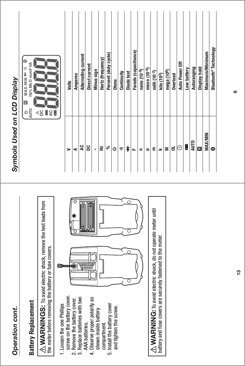13Operation cont.1. Loosen the one Phillips     screw on the battery cover.2. Remove the battery cover.3. Replace batteries with two     AAA batteries.4. Observe proper polarity as     shown inside battery     compartment. 5. Install the battery cover     and tighten the screw.     To avoid electric shock, do not operate meter until battery and fuse covers are securely fastened to the meter. WARNING:         To avoid electric shock, remove the test leads from the meter before removing the battery or fuse covers.WARNINGS:  Battery ReplacementTO AVOID ELECTRIC SHOCK, REMOVE TEST LEADS BEFORE OPENING CASE OR BATTERY DOOR. WARNING  6Symbols Used on LCD DisplayVA ACDC-Hz %£Fnµm kM OL  AUTOMAX/MINHVoltsAmperesAlternating currentDirect currentMinus signHertz (frequency)Percent (duty cycle)OhmsContinuityDiode testFarads (capacitance)nano (10-9)micro (10-6)milli (10-3) kilo (103) mega (106)Overload Auto Power OffLow batteryAutorangingDisplay holdMaximum/MinimumBluetooth® Technology