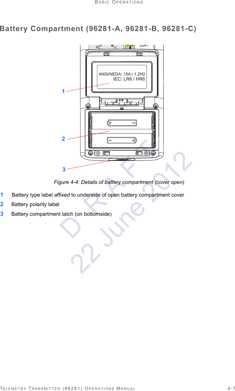 TELEMETRY TRANSMITTER (96281) OPERATIONS MANUAL 4-7BASIC OPERATIONSBattery Compartment (96281-A, 96281-B, 96281-C)Figure 4-4: Details of battery compartment (cover open)1  Battery type label affixed to underside of open battery compartment cover2 Battery polarity label3 Battery compartment latch (on bottomside)123D  R A F T 22 June 2012