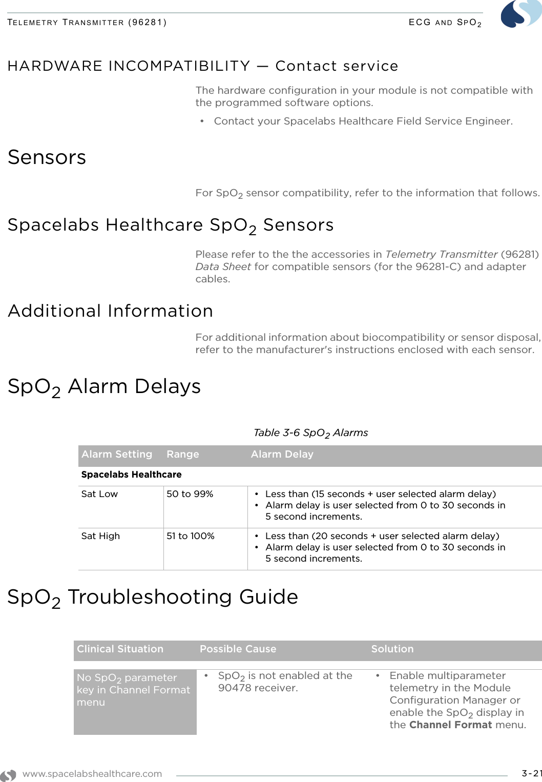 www.spacelabshealthcare.com 3-21TELEMETRY TRANSMITTER (96281) ECG AND SPO2HARDWARE INCOMPATIBILITY — Contact serviceThe hardware configuration in your module is not compatible with the programmed software options.• Contact your Spacelabs Healthcare Field Service Engineer.SensorsFor SpO2 sensor compatibility, refer to the information that follows.Spacelabs Healthcare SpO2 SensorsPlease refer to the the accessories in Telemetry Transmitter (96281) Data Sheet for compatible sensors (for the 96281-C) and adapter cables.Additional InformationFor additional information about biocompatibility or sensor disposal, refer to the manufacturer&apos;s instructions enclosed with each sensor.SpO2 Alarm DelaysSpO2 Troubleshooting GuideTable 3-6 SpO2 AlarmsAlarm Setting Range Alarm DelaySpacelabs HealthcareSat Low  50 to 99% • Less than (15 seconds + user selected alarm delay) • Alarm delay is user selected from 0 to 30 seconds in 5 second increments.Sat High  51 to 100% • Less than (20 seconds + user selected alarm delay)• Alarm delay is user selected from 0 to 30 seconds in 5 second increments.Clinical Situation Possible Cause SolutionNo SpO2 parameter key in Channel Format menu•SpO2 is not enabled at the 90478 receiver.• Enable multiparameter telemetry in the Module Configuration Manager or enable the SpO2 display in the Channel Format menu.